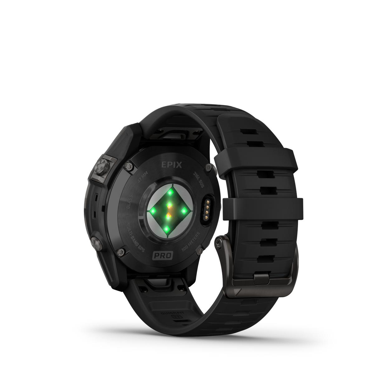Schwarze Garmin Epix Pro Uhr. Zeigt Rückseite mit Herzfrequenzsensor und Armband. Dunkler Hintergrund.