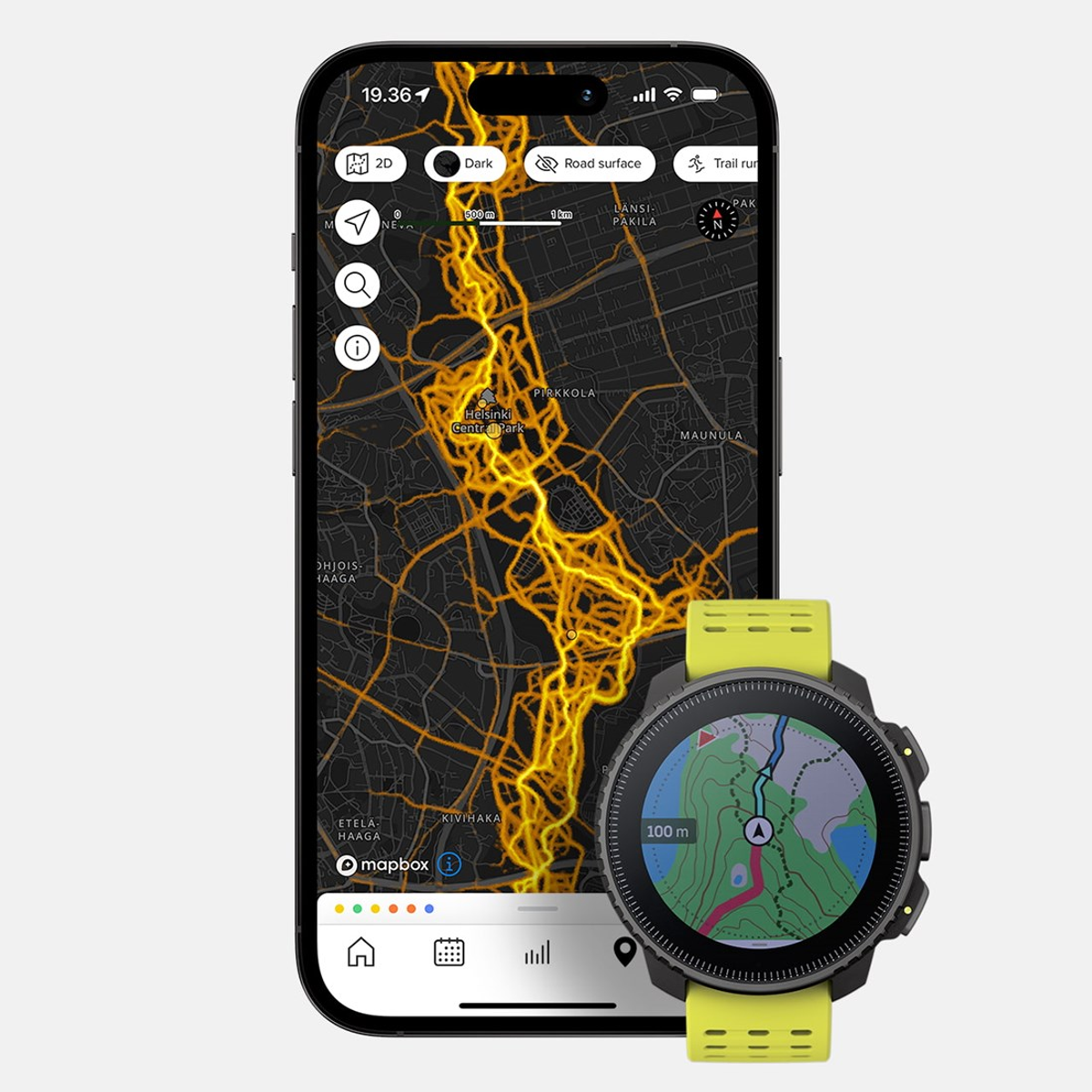 Smartwatch i smartfon wyświetlający mapę z żółtym szlakiem.