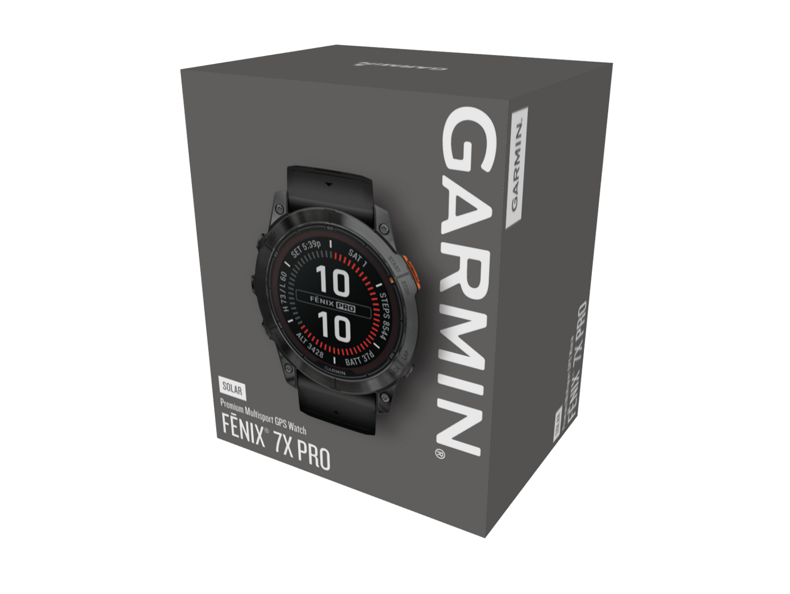 Garmin Fenix 7X Pro horloge in een doos. De doos is grijs met het Garmin-logo en de horlogebeschrijving.