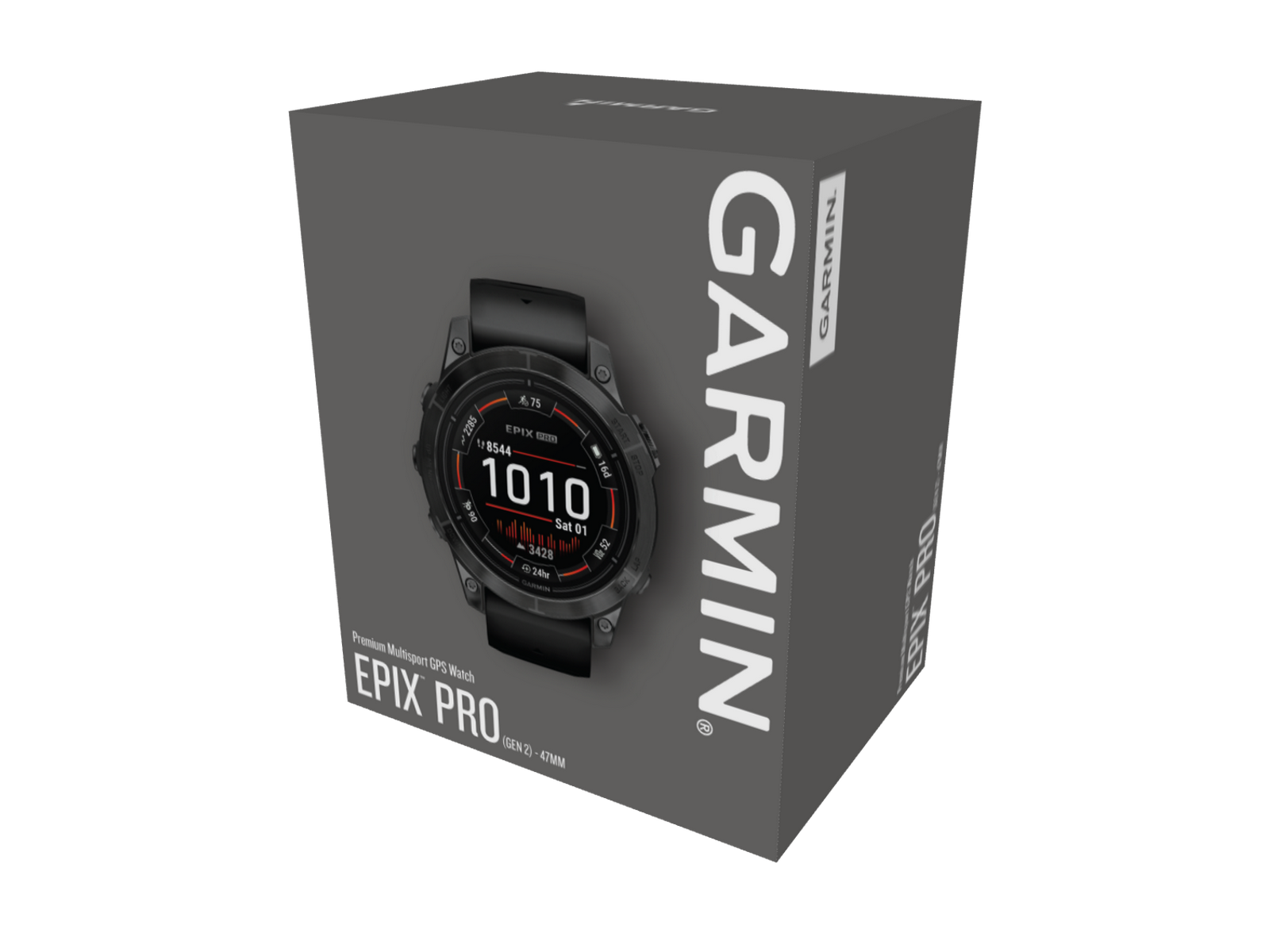 Garmin Epix Pro Uhrenbox, schwarz und grau, schräge Ansicht, Uhrenbild vorne.