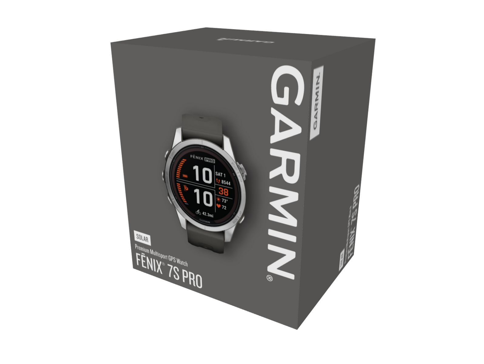 Zegarek Garmin Fenix 7S Pro w szarym pudełku. Zegarek pokazuje czas i statystyki.