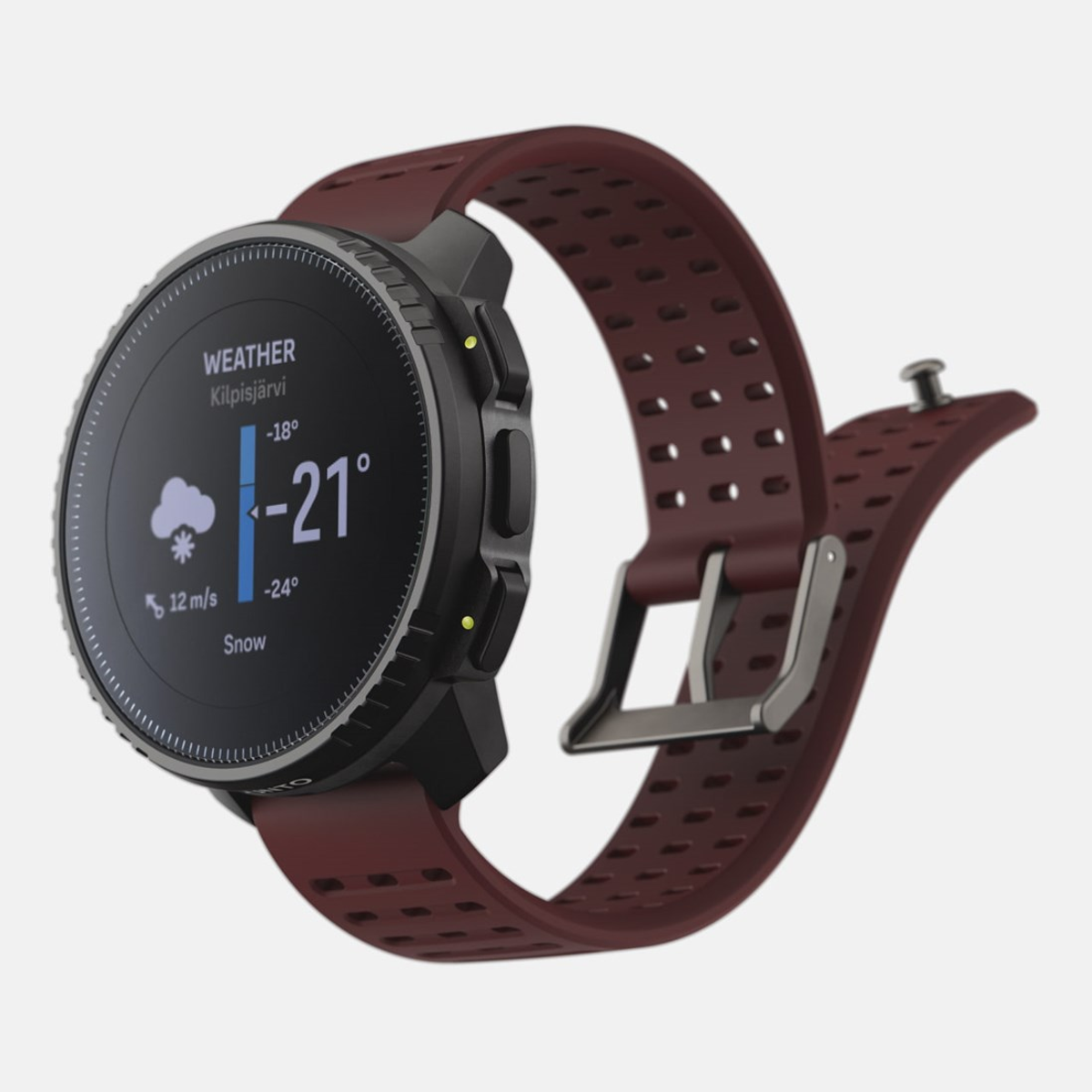 Smartwatch z bordowym paskiem, pokazujący informacje o pogodzie.