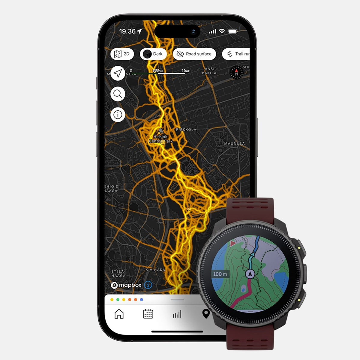 Smartfon pokazujący mapę z trasą biegową, smartwatch wyświetlający podobną mapę, scena w plenerze.