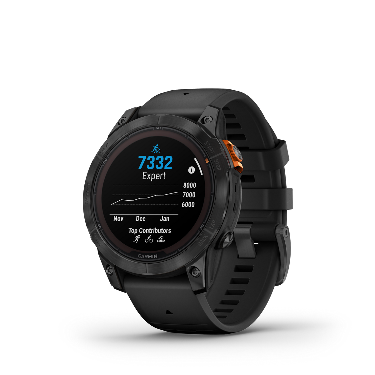 Eine schwarze Garmin Smartwatch mit einem Display, das Zahlen und ein Diagramm zeigt. Der Hintergrund ist schwarz.