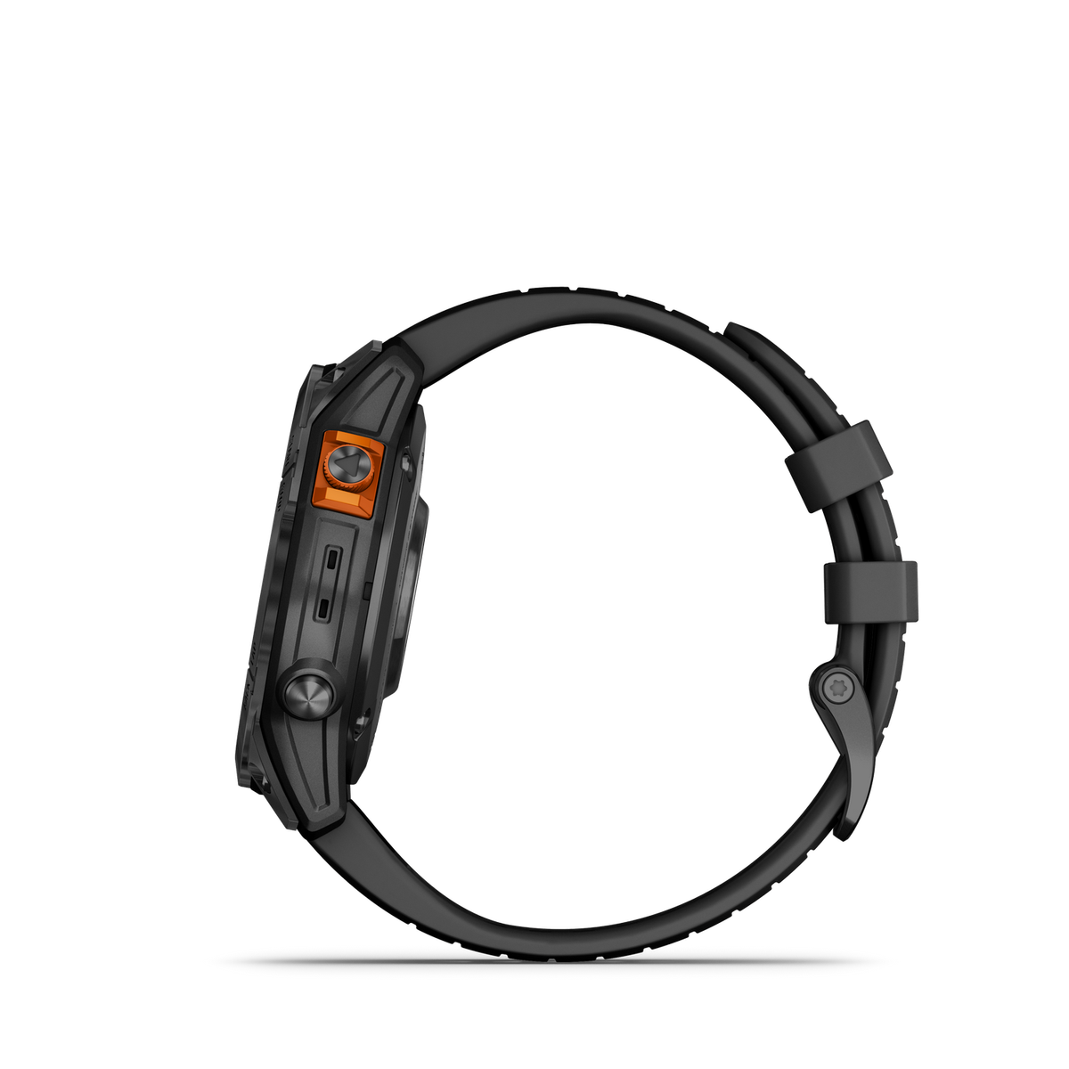 Seitenansicht einer schwarz-orangenen Smartwatch. Sie hat einen runden Bildschirm und ein schwarzes Armband.