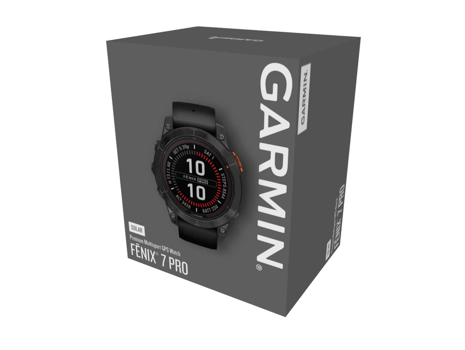 Garmin Fenix 7 Pro Uhr in einer grauen Box. Das Zifferblatt zeigt die Zeit und weitere Daten.
