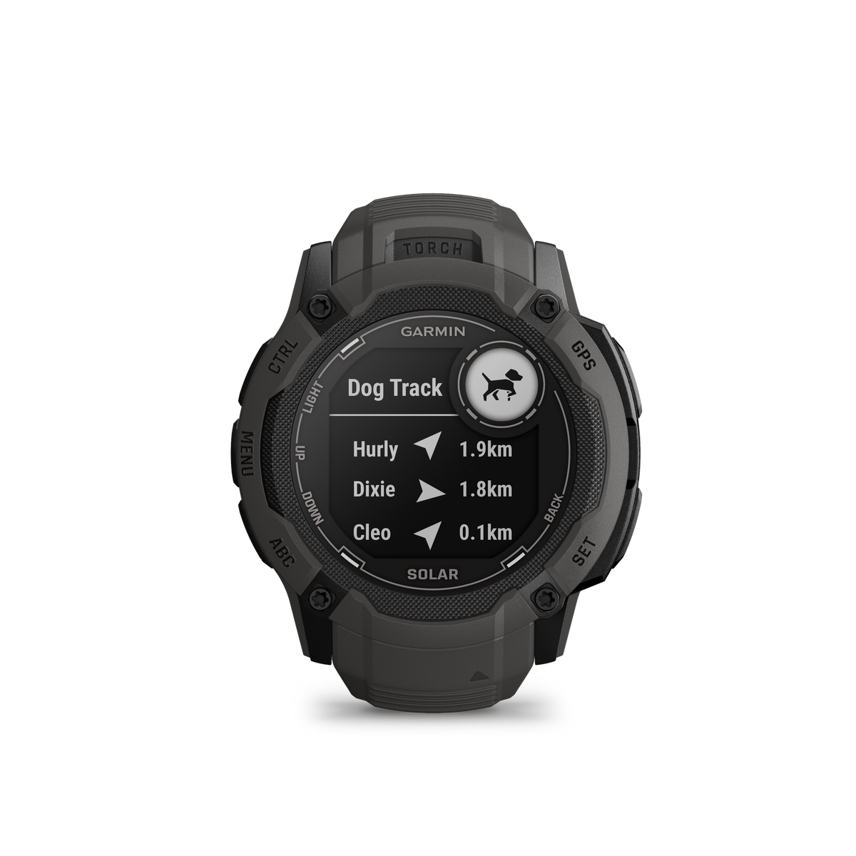 Zegarek Garmin z czarnym tłem, pokazujący informacje o śledzeniu psów.