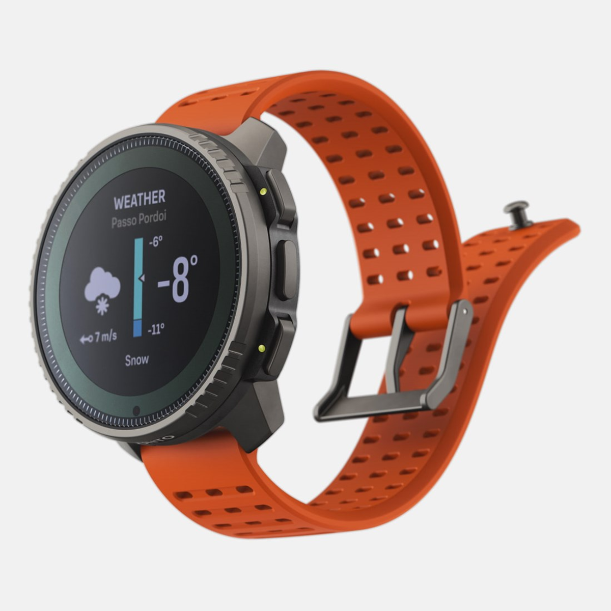 Smartwatch Suunto z pomarańczowym paskiem, pokazujący dane pogodowe i temperaturę.
