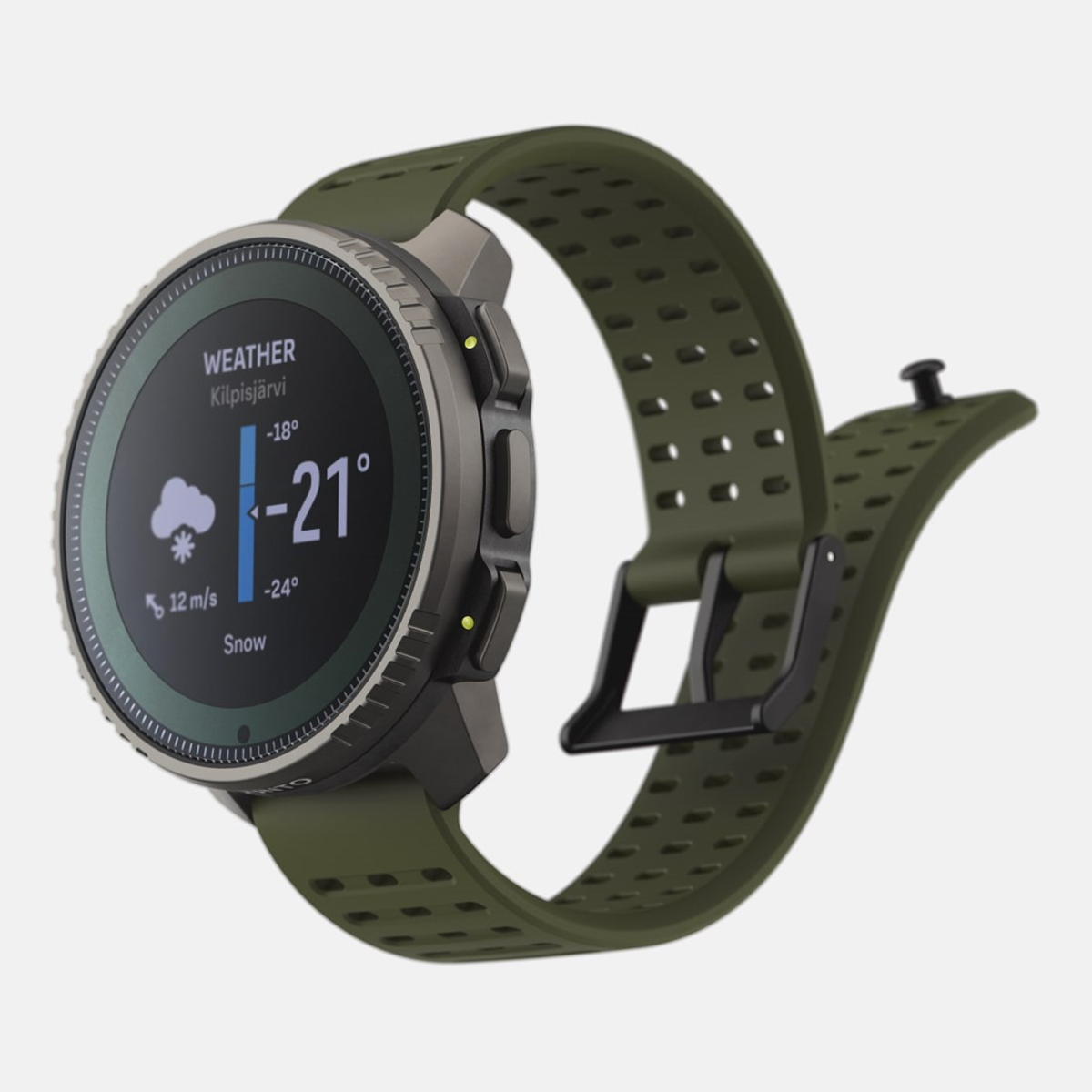 Eine Suunto Smartwatch mit olivgrünem Armband zeigt Wetterinformationen.