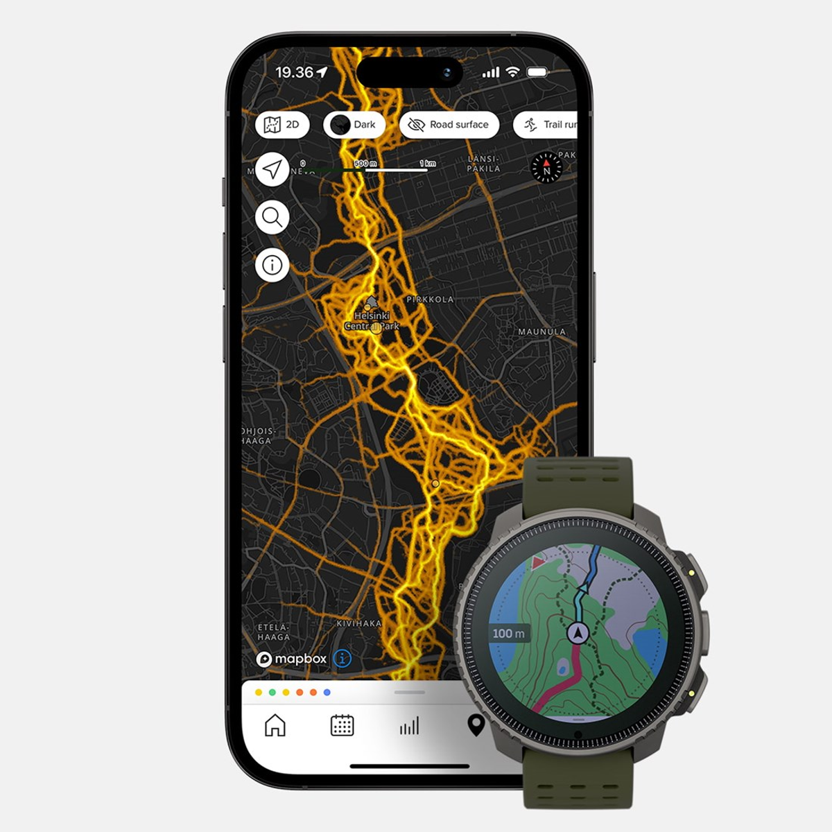 Ein Telefon, das eine Karte mit einer Laufstrecke anzeigt, und eine Smartwatch, die dieselbe Karte zeigt.