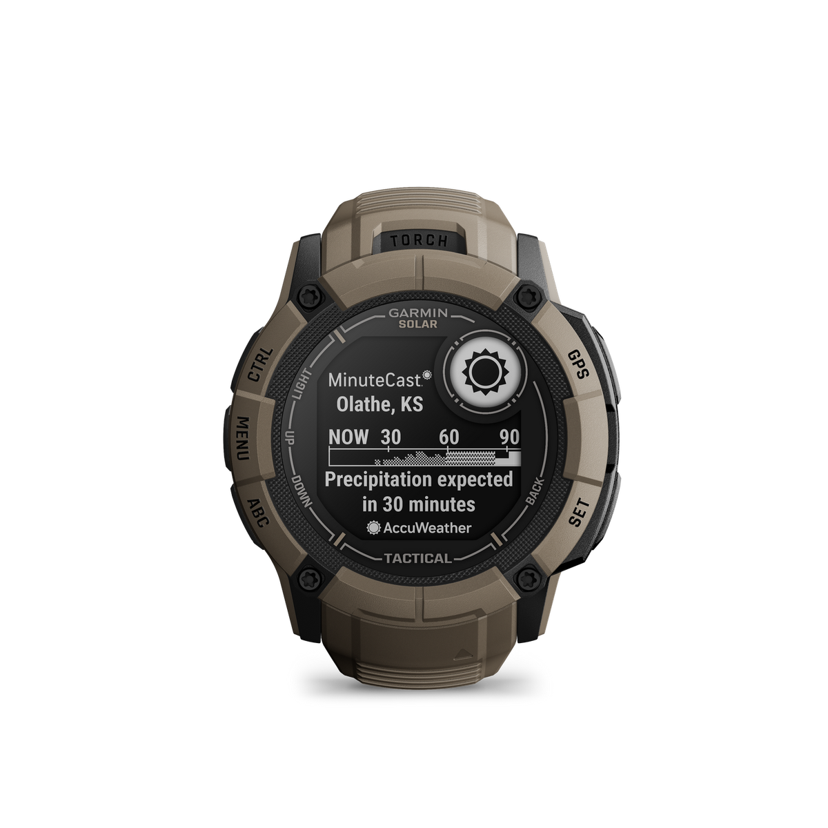 Smartwatch Garmin z informacjami o pogodzie. Brązowy i czarny. Opad w 30 minut.