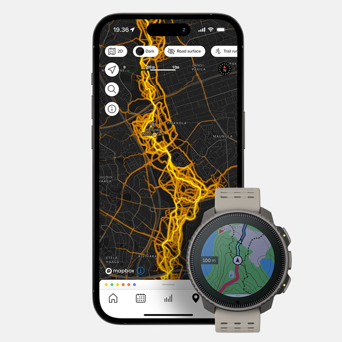 Smartfon z mapą i smartwatch z mapą szlaku, na jasnej powierzchni.