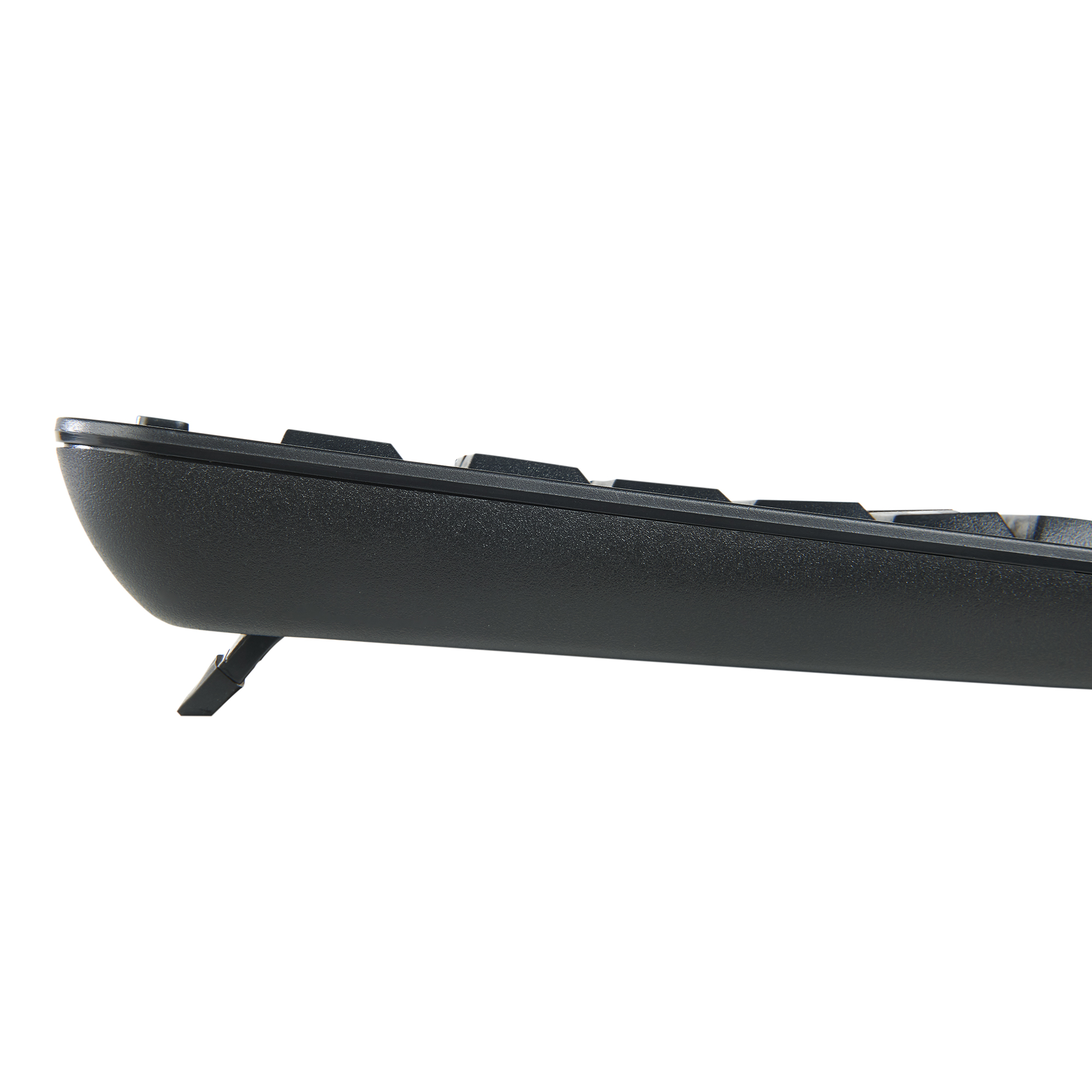 Spód czarnej klawiatury z podniesioną podstawką.