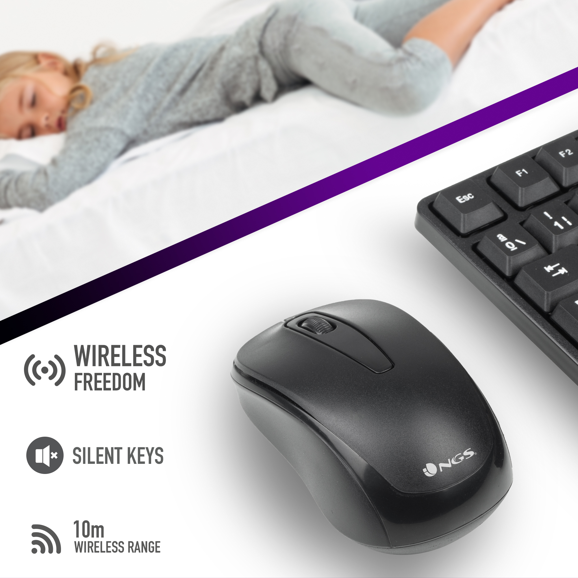 Czarna mysz i klawiatura bezprzewodowa. Kobieta śpiąca w tle.