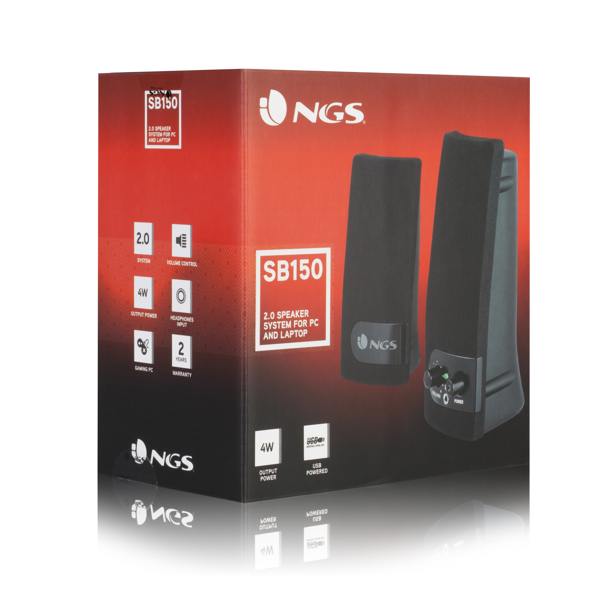 Box mit NGS SB150-Lautsprechern, mit Text und Lautsprecherbildern.