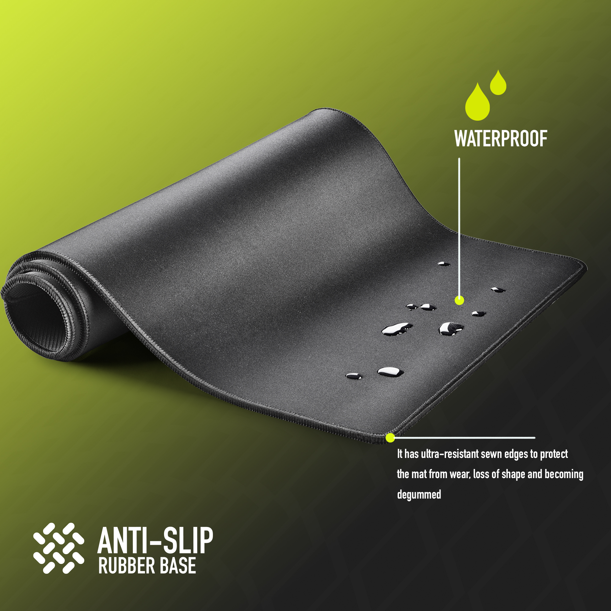 Czarna podkładka pod mysz z zielonym tłem. Ma napisy antypoślizgowe i wodoodporne.