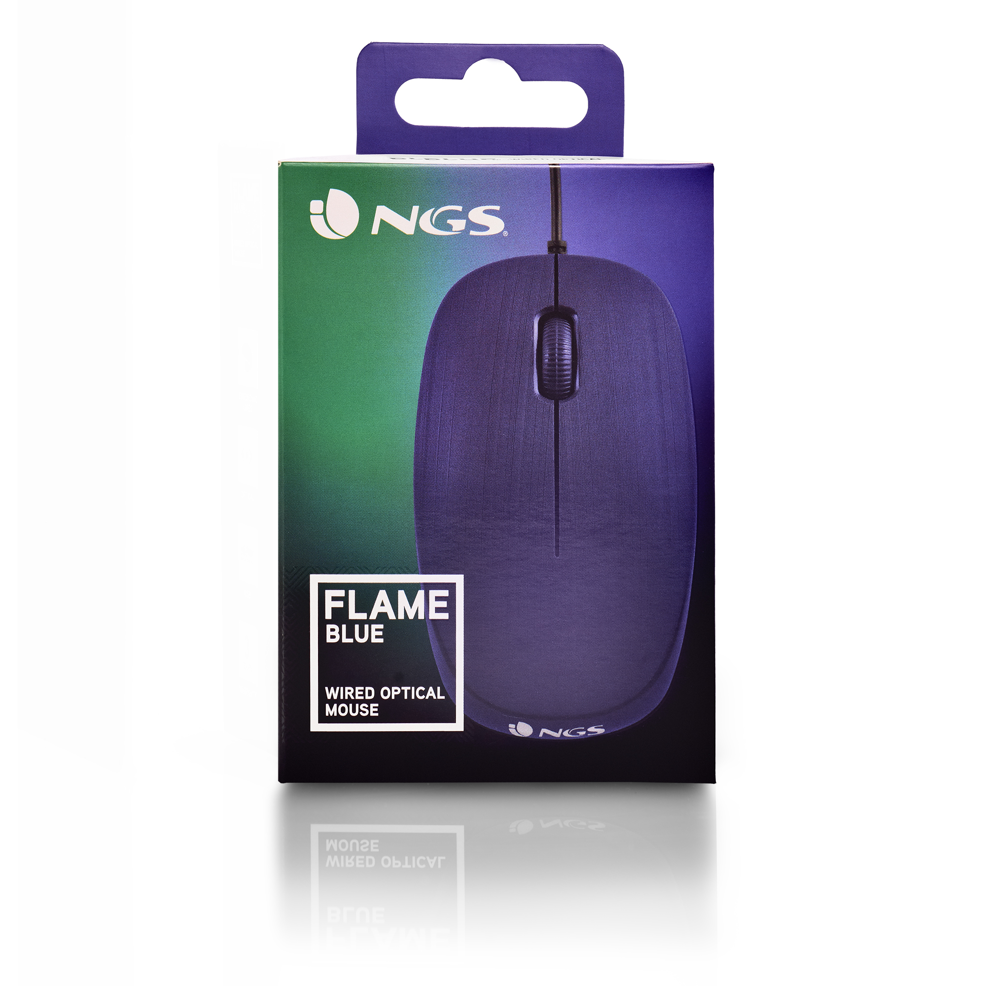 Souris optique filaire bleue dans une boîte, avec une étiquette 'Flame Blue' et la marque NGS.