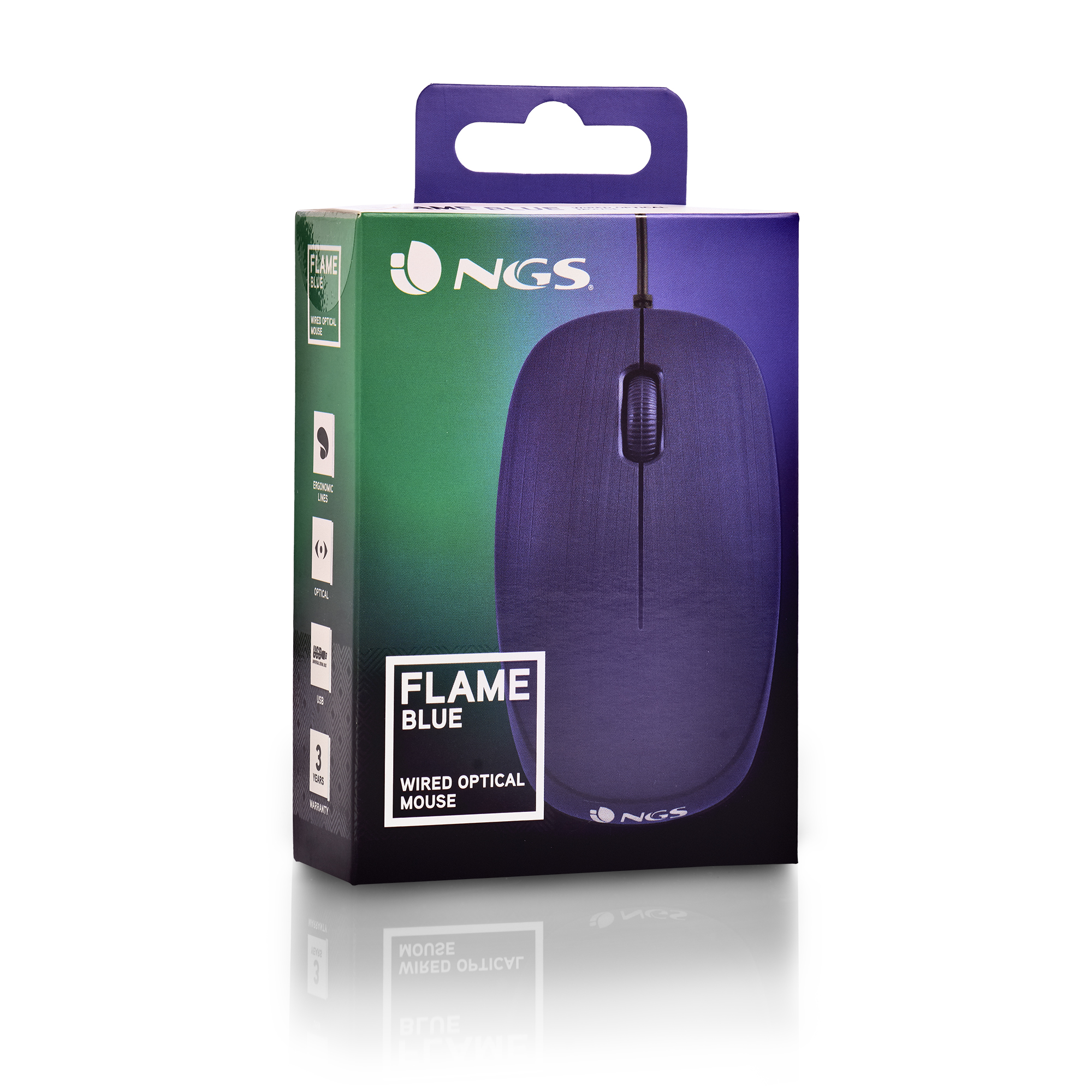 Souris optique filaire dans une boîte. La boîte est bleu foncé et verte, avec la marque 'NGS'.