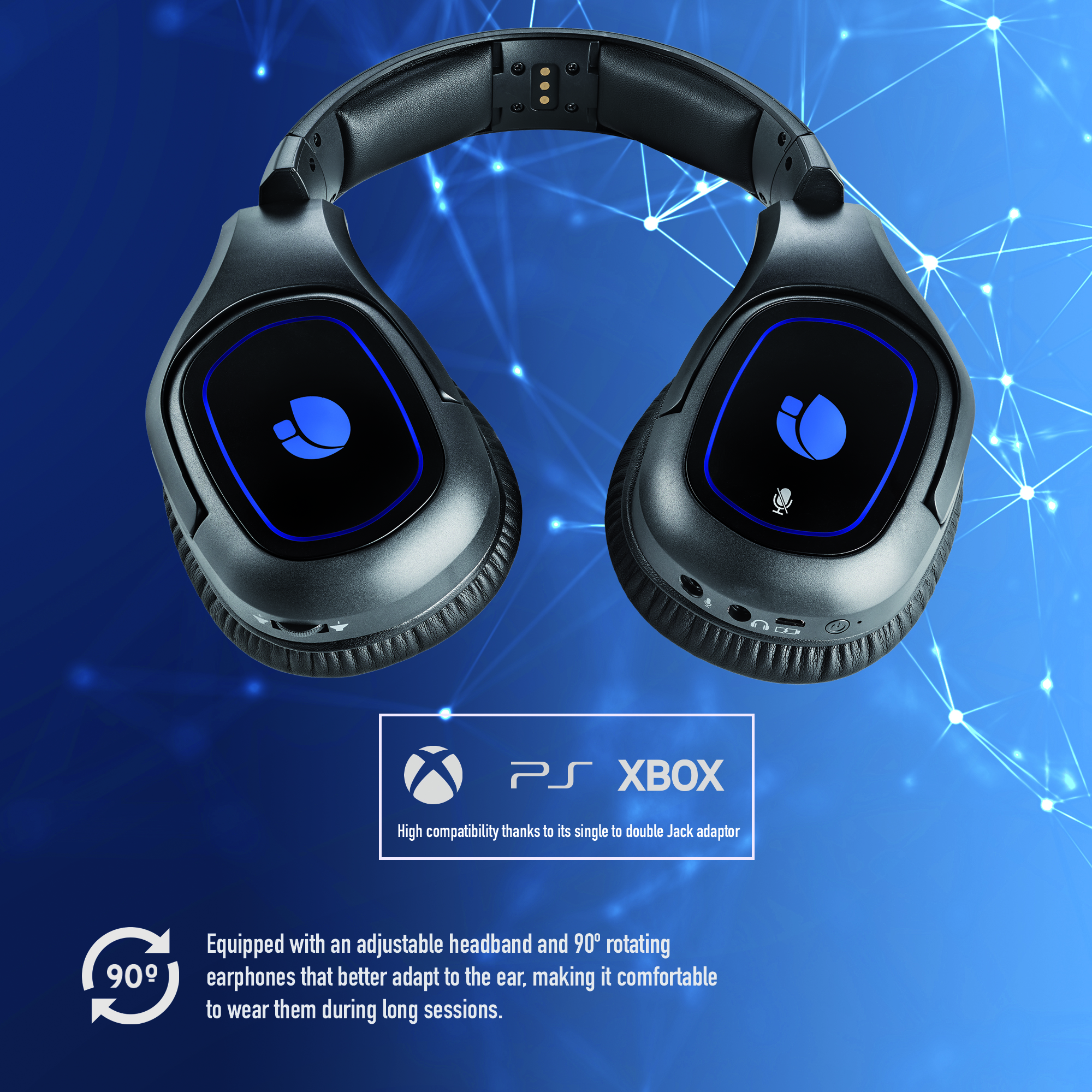 Cuffie nere con dettagli blu, testo sulla compatibilità con PS e Xbox. Sfondo bianco.