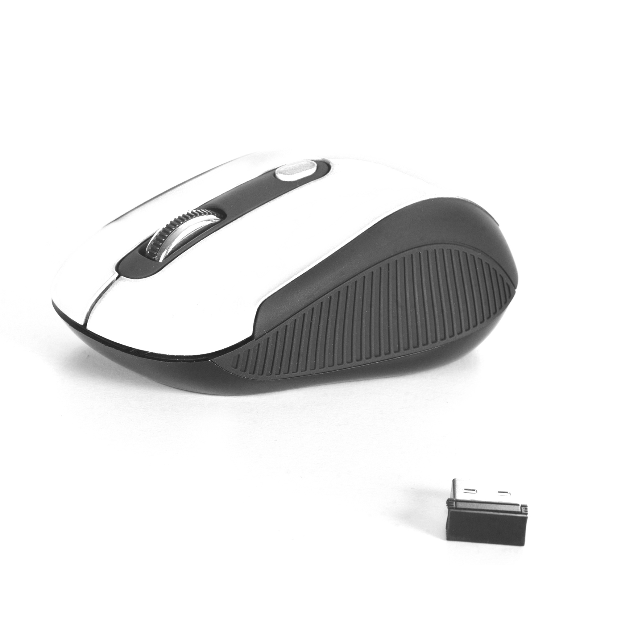 Weiße und schwarze kabellose Maus mit Scrollrad und USB-Empfänger.