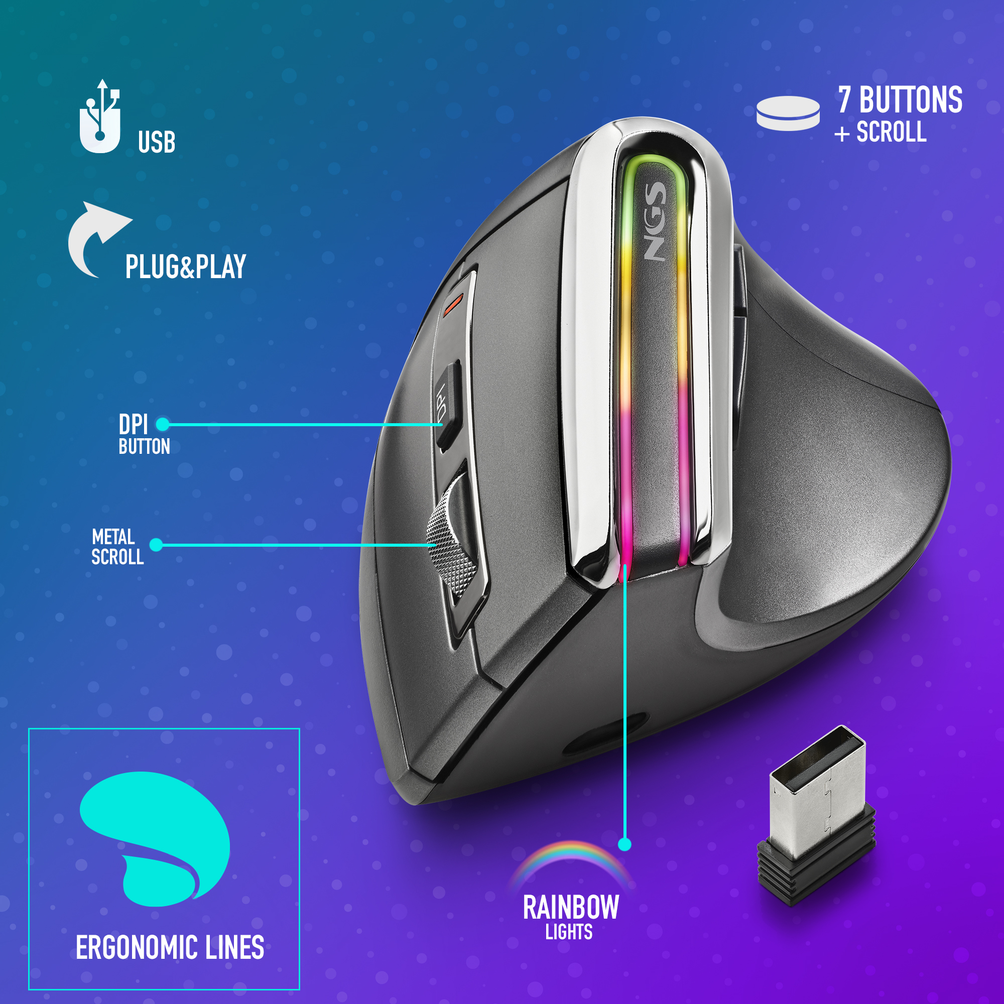 Ergonomiczna szara mysz z tęczowymi światłami, przyciskiem DPI i 7 przyciskami. USB i plug-and-play.