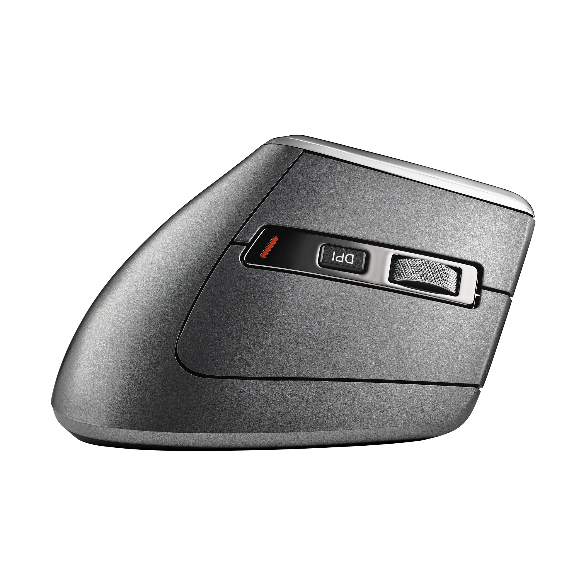 Szara ergonomiczna mysz z przyciskiem DPI i kółkiem przewijania. Nowoczesny design dla wygody.