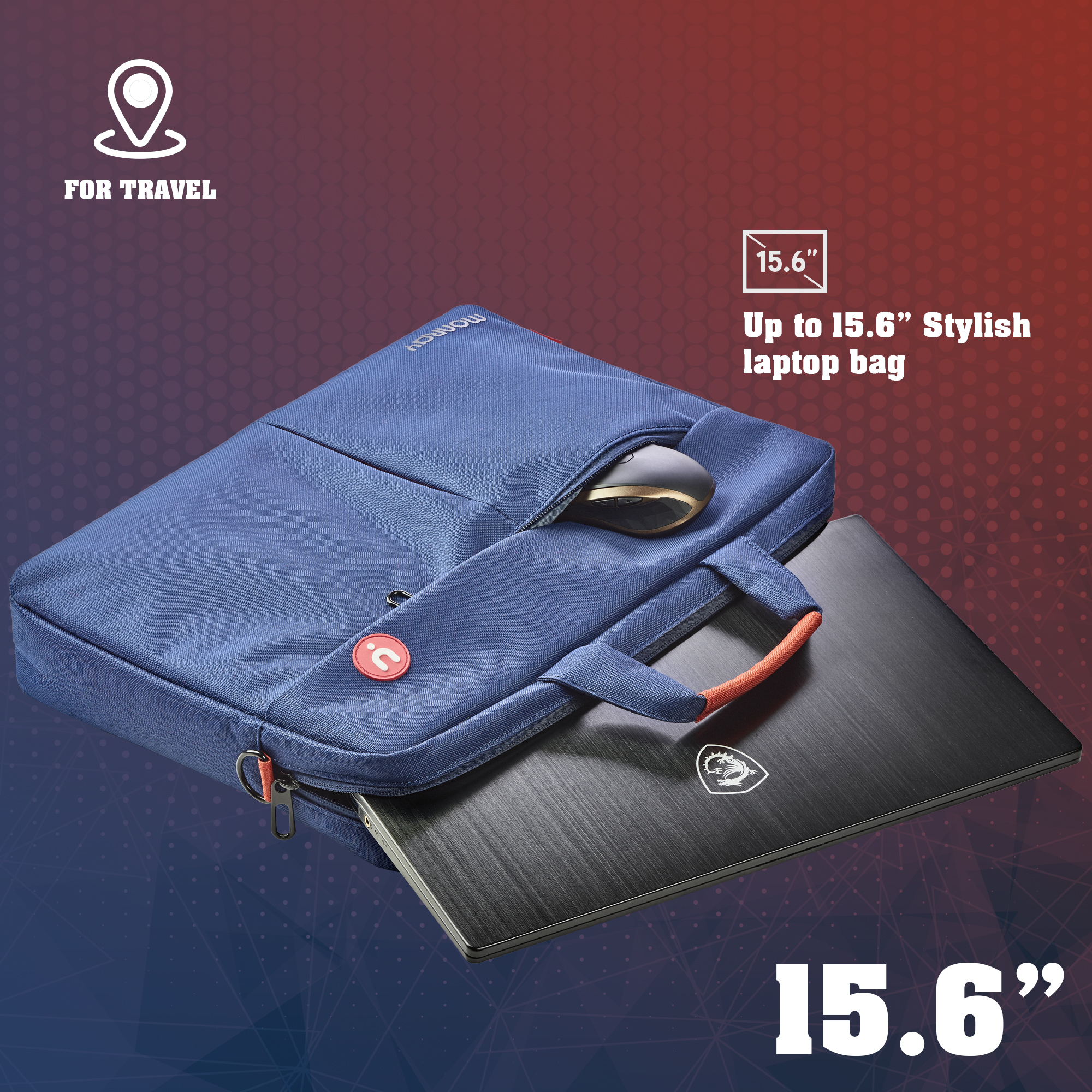 Elegante borsa blu per laptop con un laptop all'interno. Un mouse in una tasca. Per viaggiare.