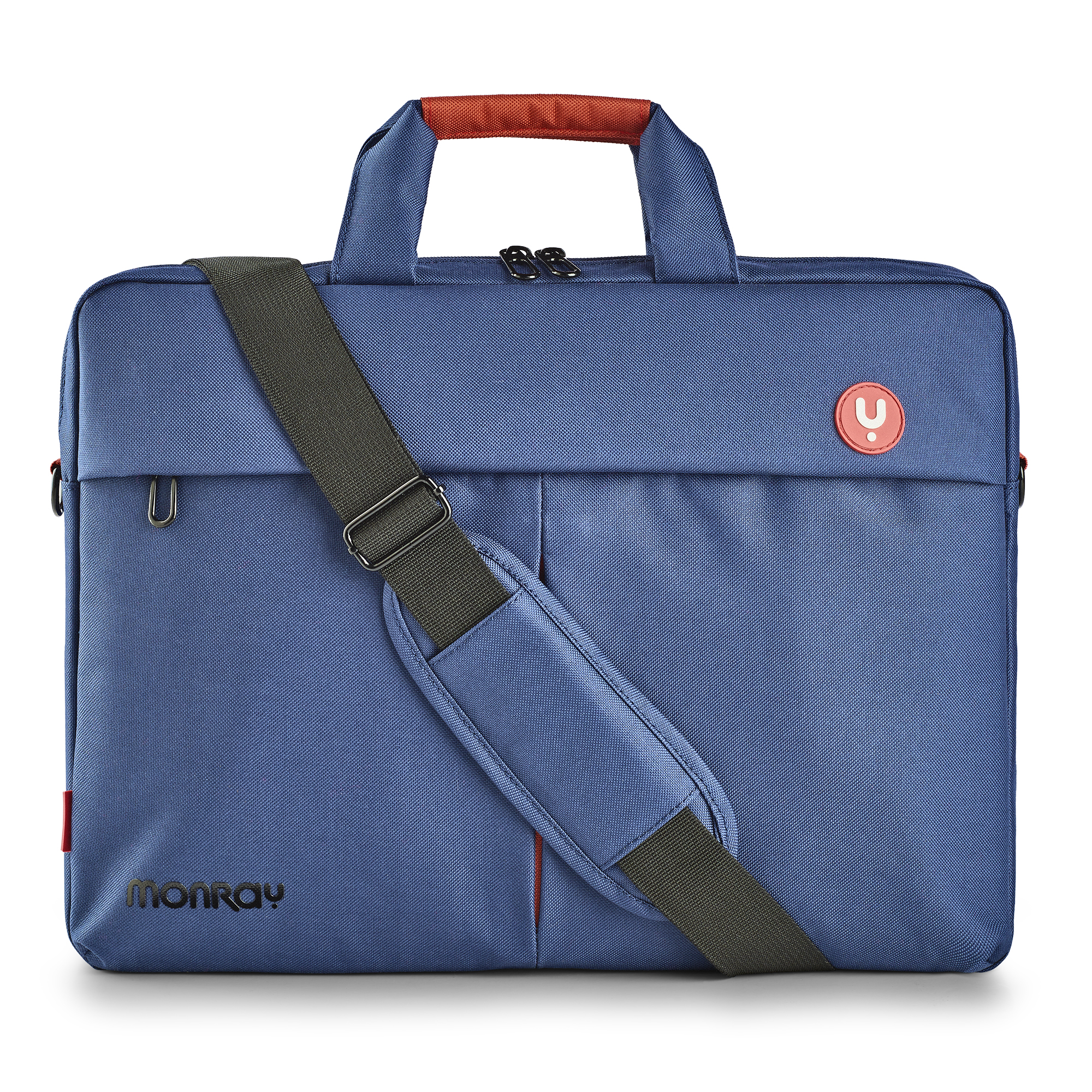 Borsa per laptop blu con manico, tracolla e un logo circolare rosso.