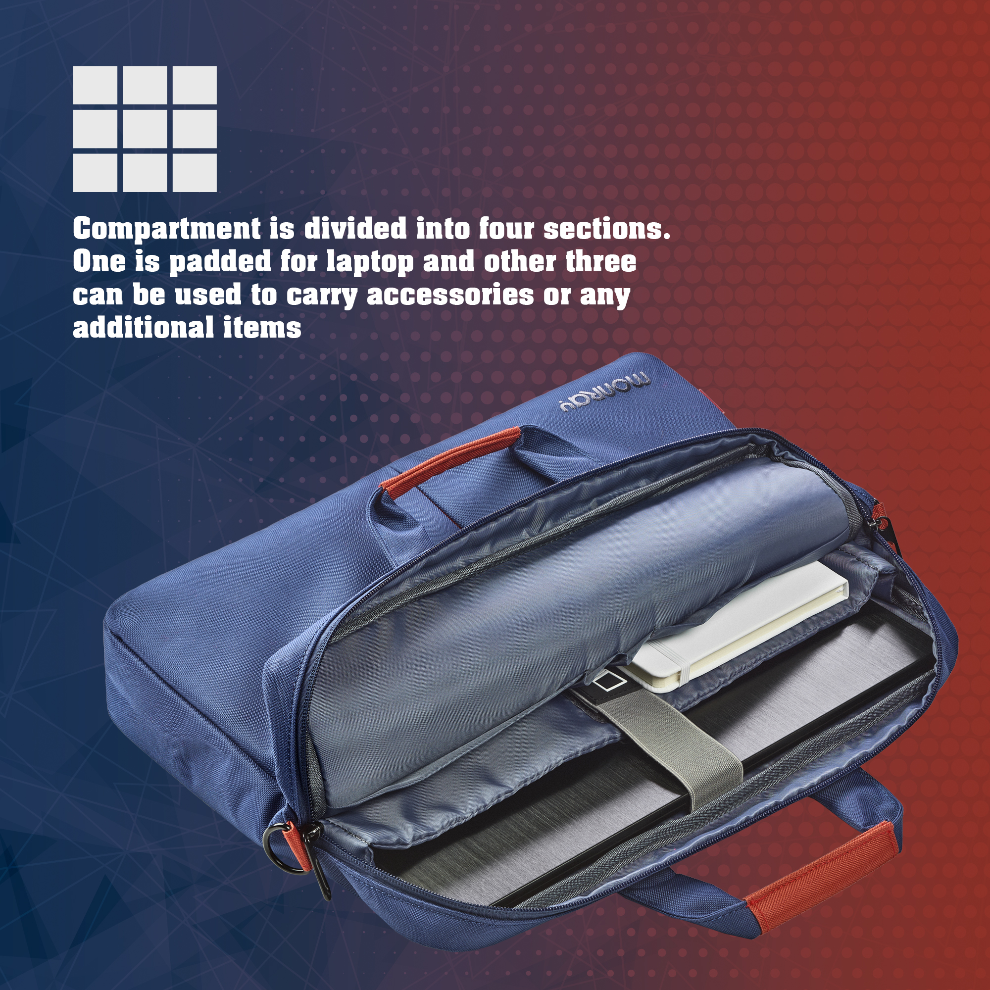 Borsa blu per laptop con manici rossi, aperta per mostrare laptop e accessori.