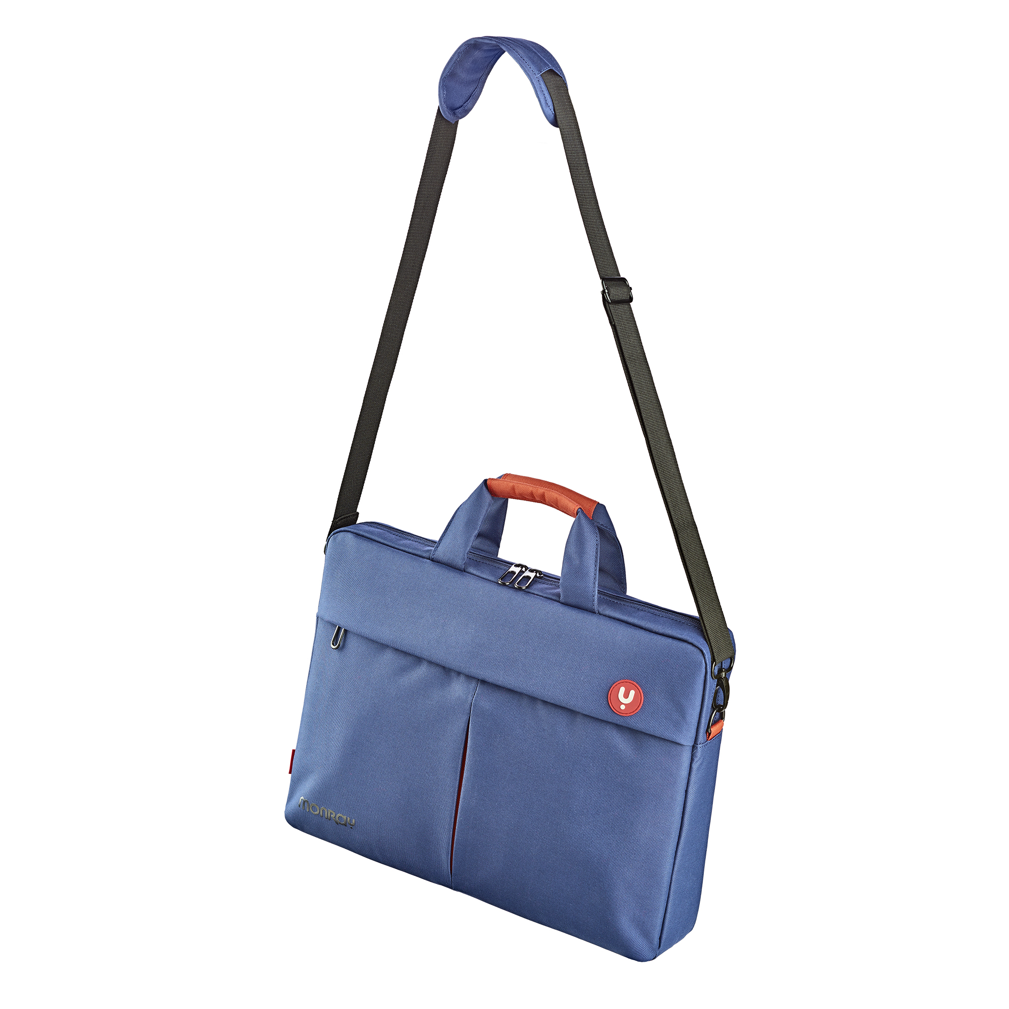 Borsa blu per laptop con manico arancione e tracolla nera. Logo rosso.