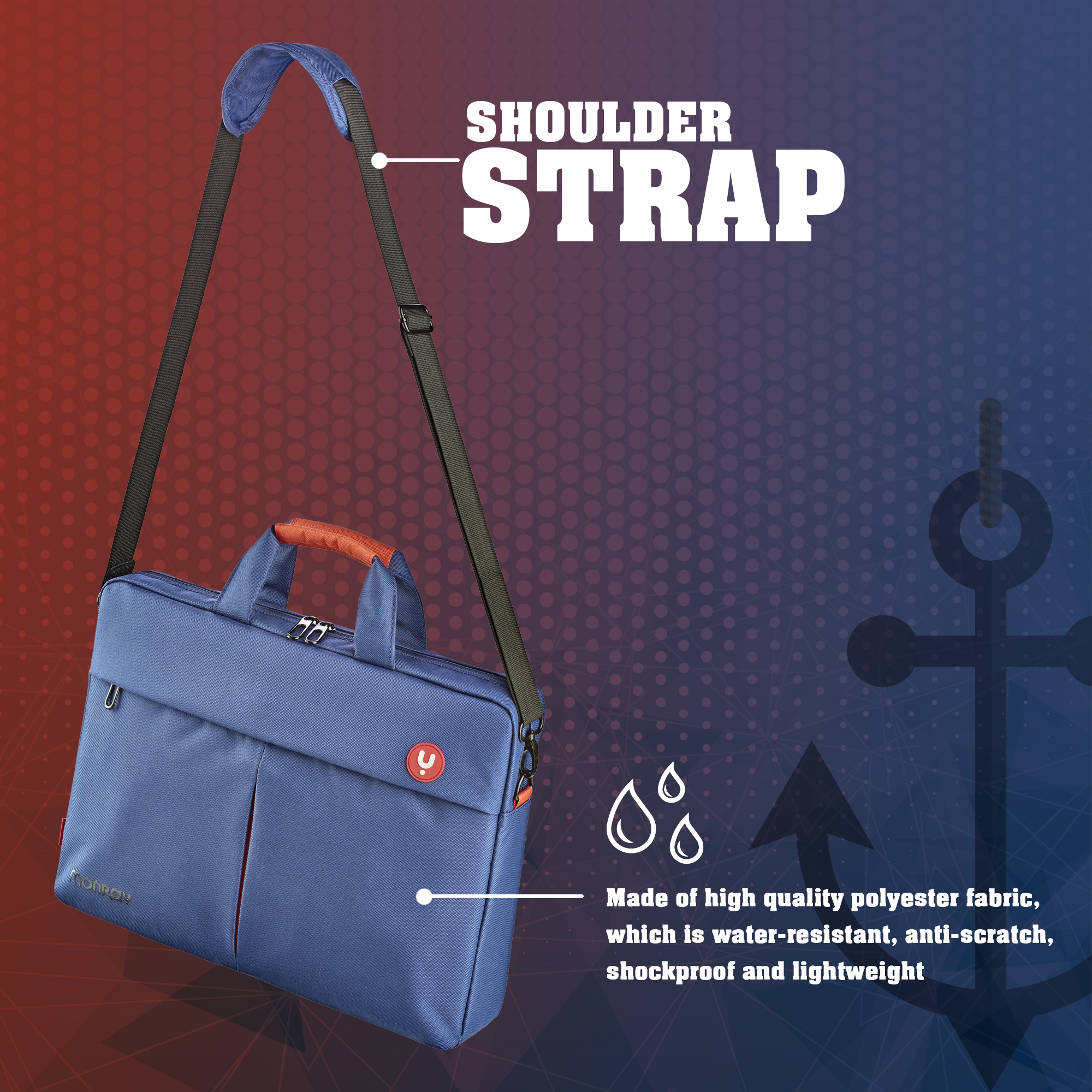 Borsa per laptop blu con tracolla e manico rosso. Il testo indica tessuto resistente all'acqua e antigraffio.