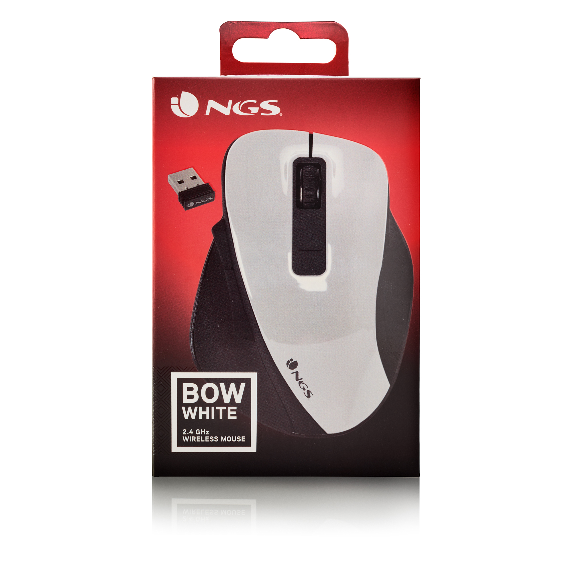 Un mouse wireless bianco e nero in scatola con un ricevitore USB.