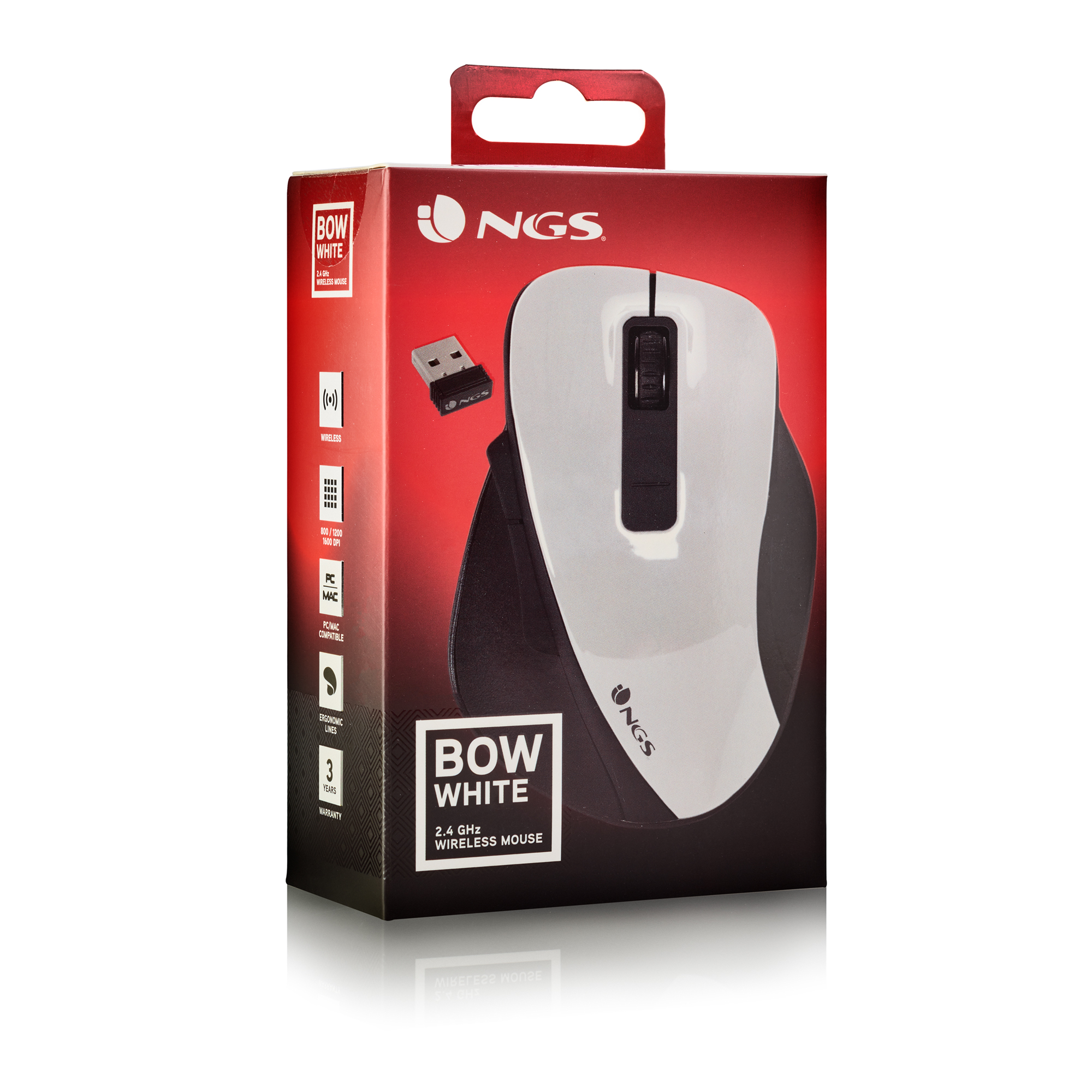 Mouse wireless bianco e nero in scatola. Scatola rossa e bianca con dettagli del prodotto.