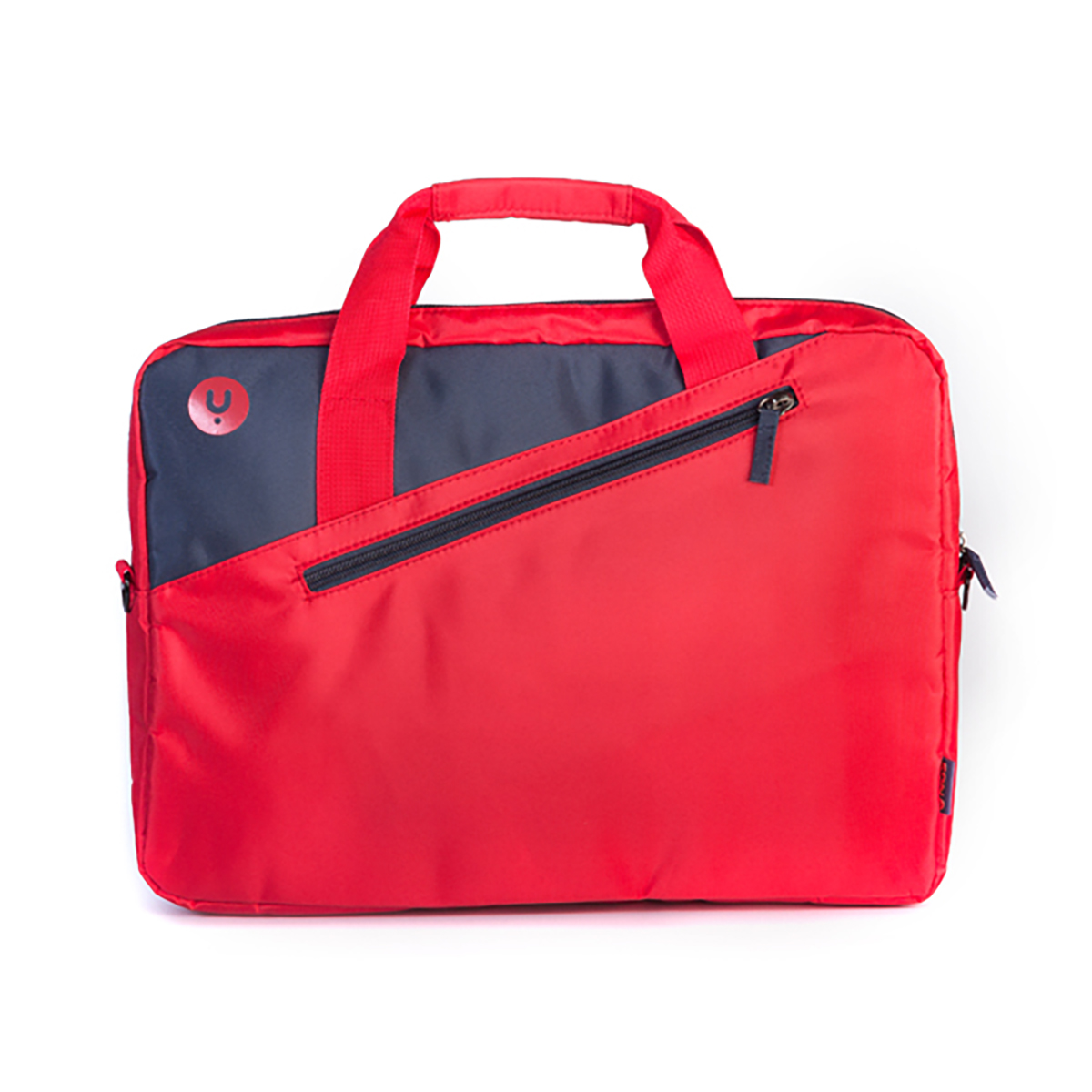 Una bolsa para portátil roja y azul marino con asa.