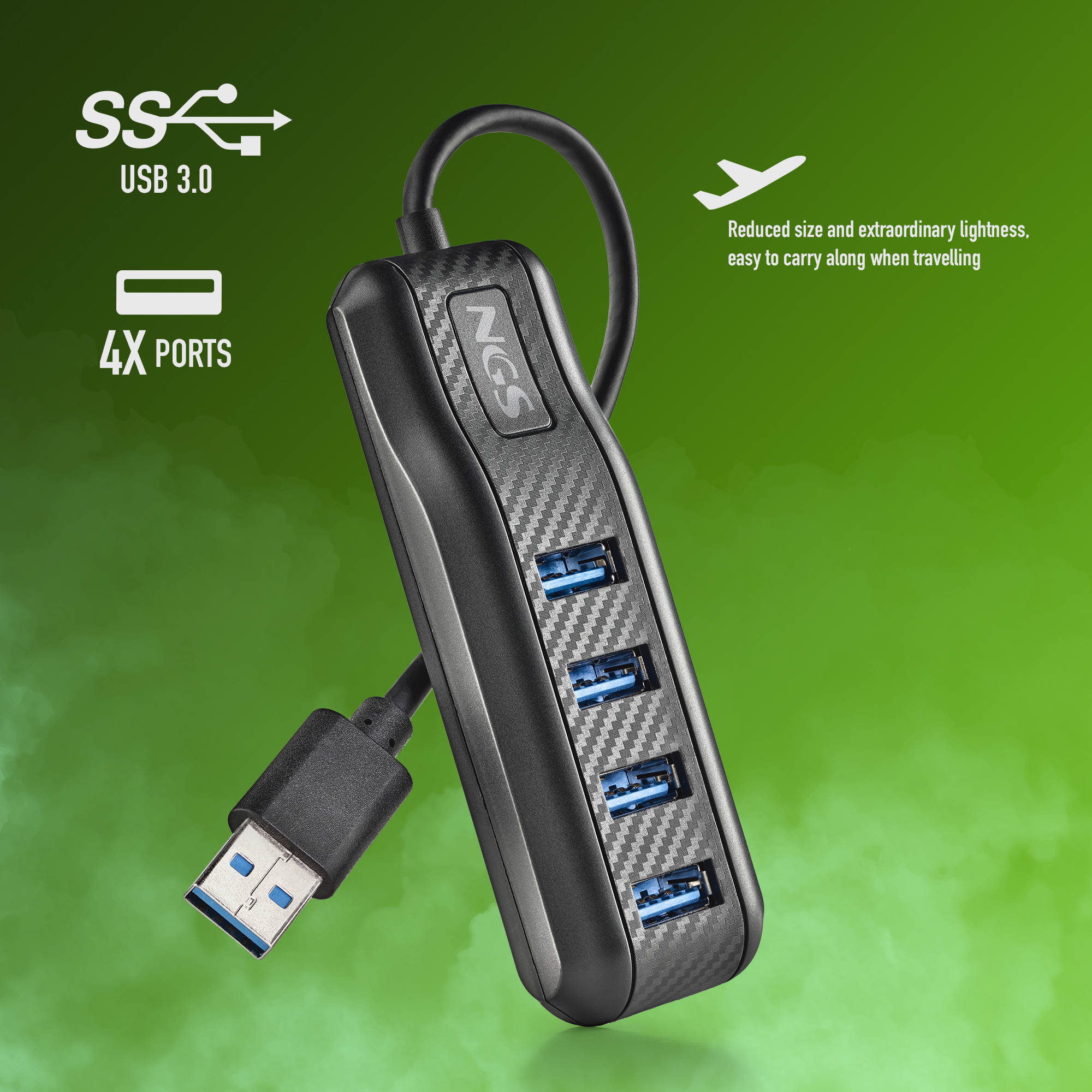 Concentrador USB negro con cuatro puertos y cable USB 3.0. Fondo verde con texto.