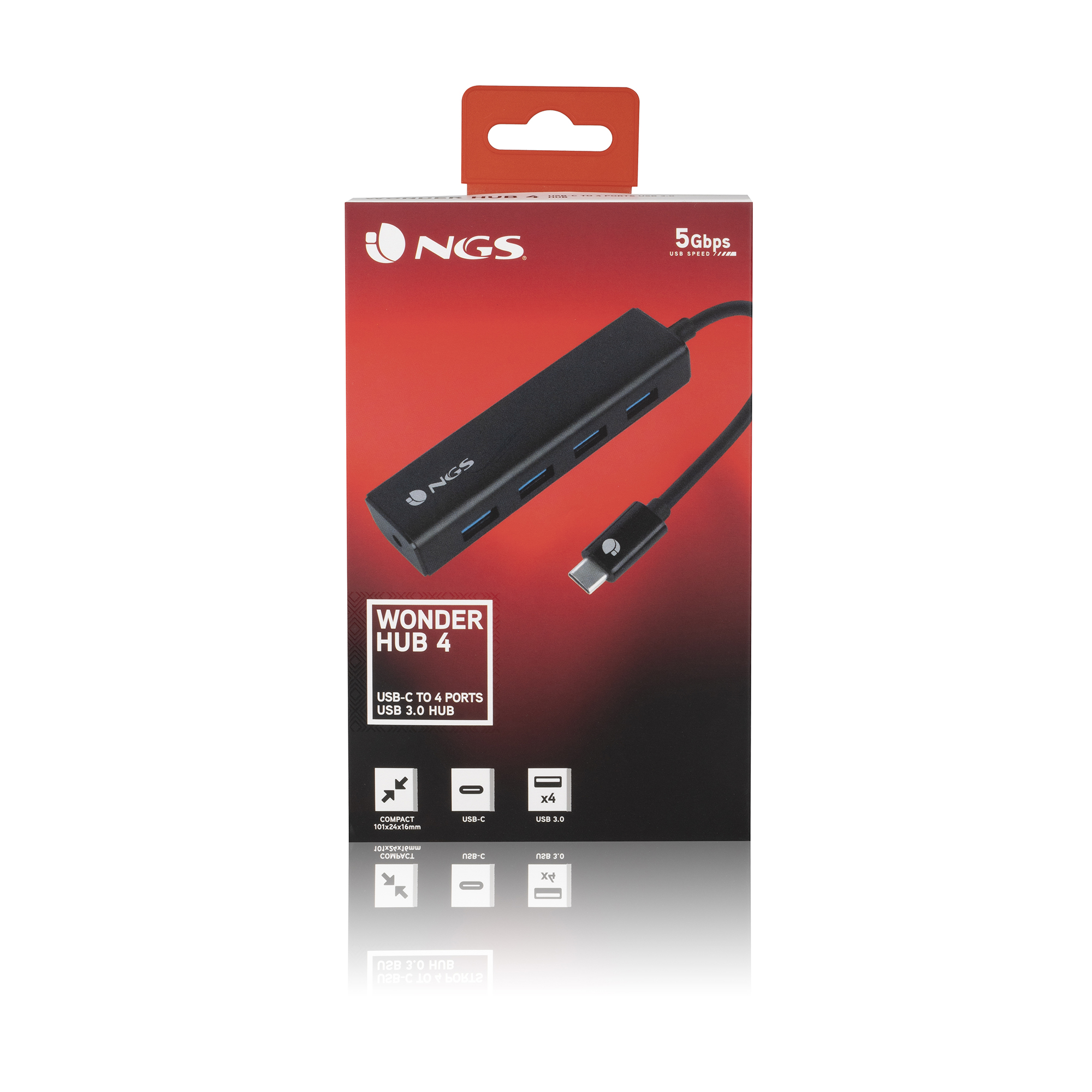 Hub USB negro en una caja roja. Tiene la marca NGS y el nombre del producto Wonder Hub 4, con especificaciones.
