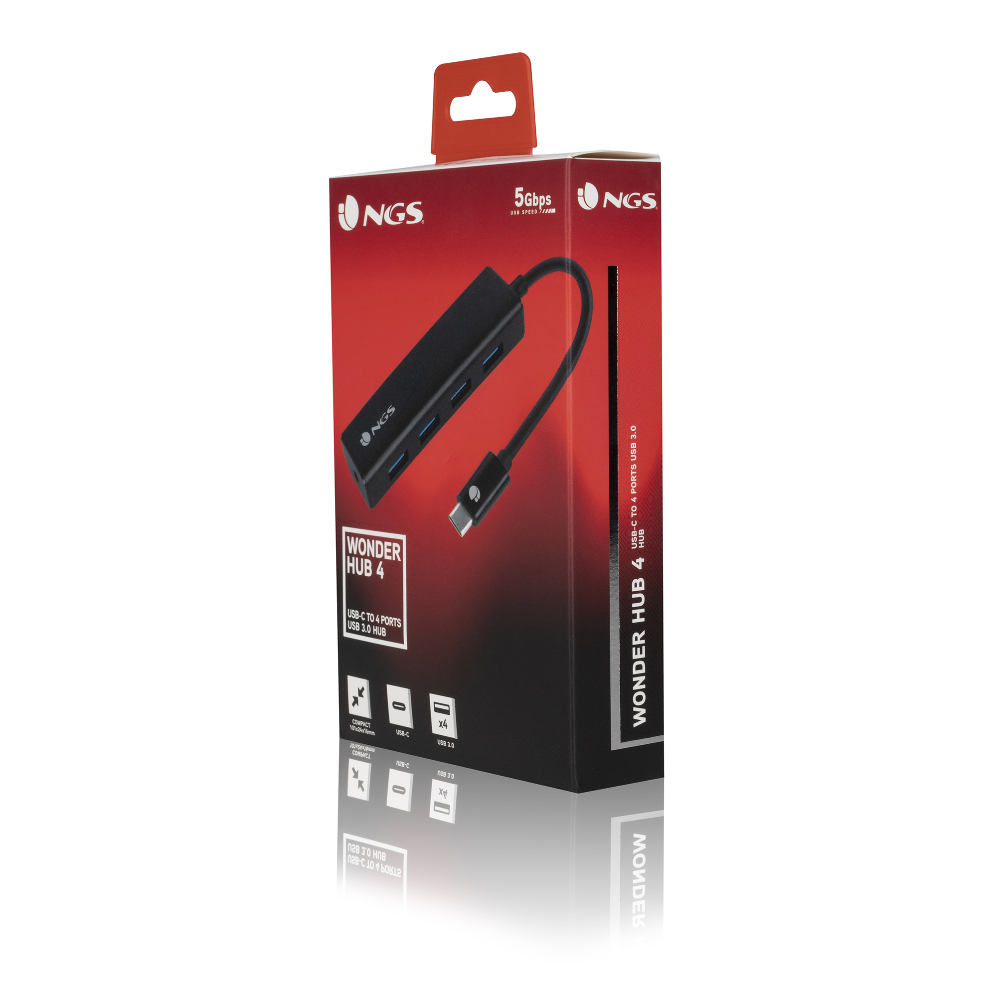 Concentrador USB negro en un paquete. La caja muestra el concentrador y sus características. El fondo es blanco.