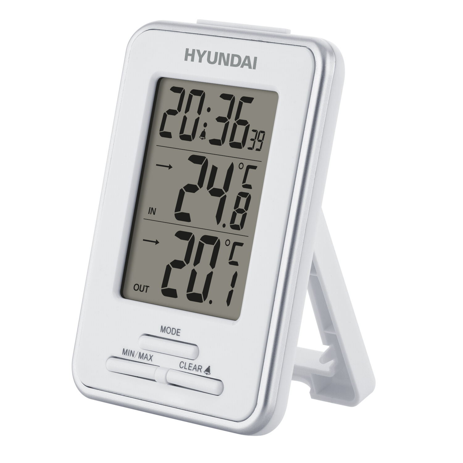 Weißes digitales Thermometer zeigt Zeit, Temperatur (innen und außen). Hat einen Ständer.