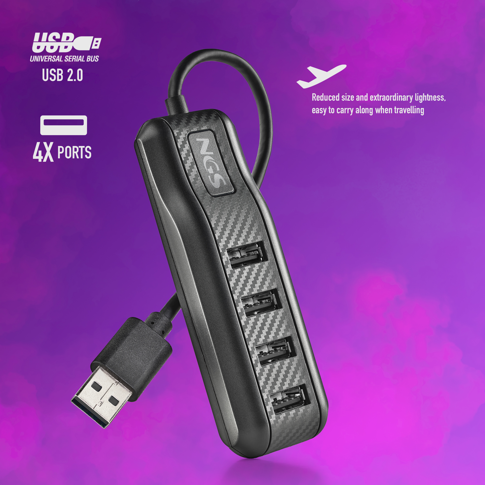 Ein schwarzer USB-Hub mit 4 Anschlüssen und einem USB-Kabel auf lila Hintergrund.