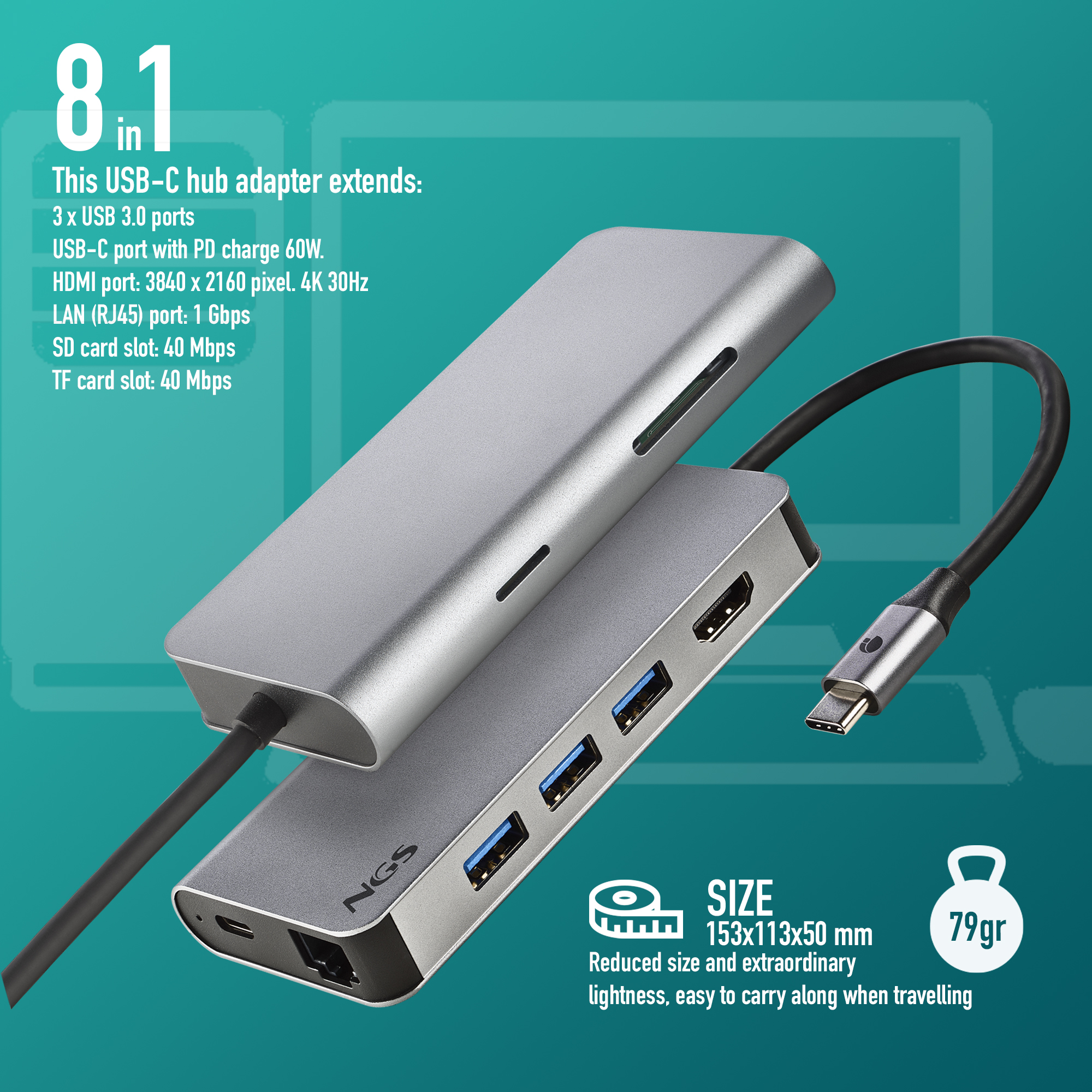 Silberner USB-C-Hub mit mehreren Anschlüssen und Funktionen, schwarzes Kabel, weißer Text, heller Hintergrund.