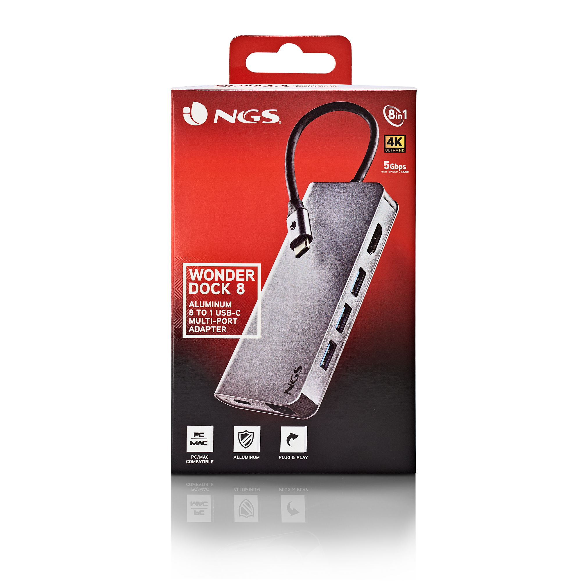 Eine schwarz-rote Box mit einem USB-C Multi-Port-Adapter. Text: Wonder Dock 8, 8 in 1, 4K, 5 Gbit/s.