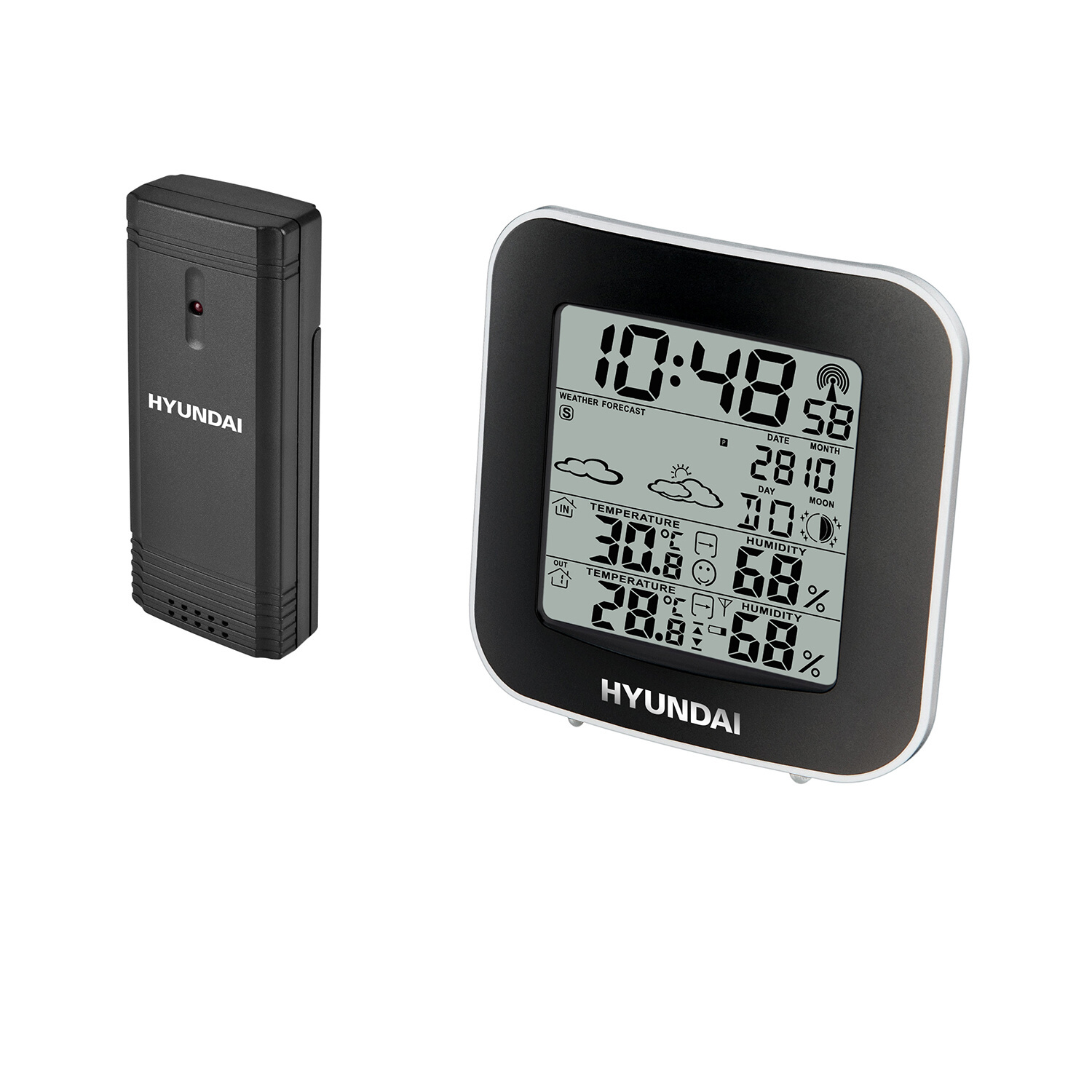 Eine Hyundai Wetterstation. Sie hat einen schwarzen Sender und ein digitales Display, das Zeit- und Wetterdaten anzeigt.