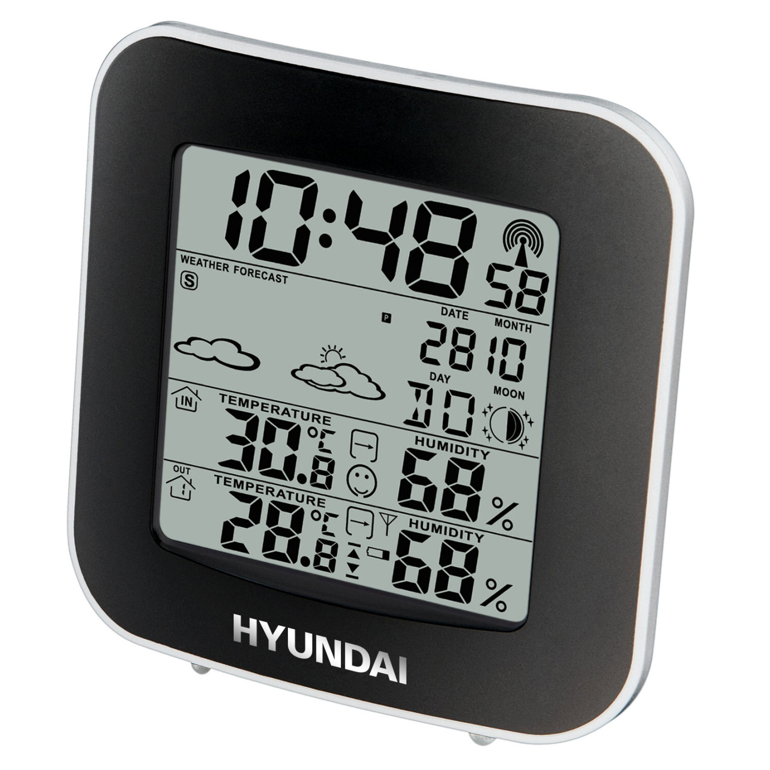 Digitale Wetterstation mit schwarzem Rahmen. Zeigt Zeit, Datum, Temperatur, Luftfeuchtigkeit und Vorhersage an.
