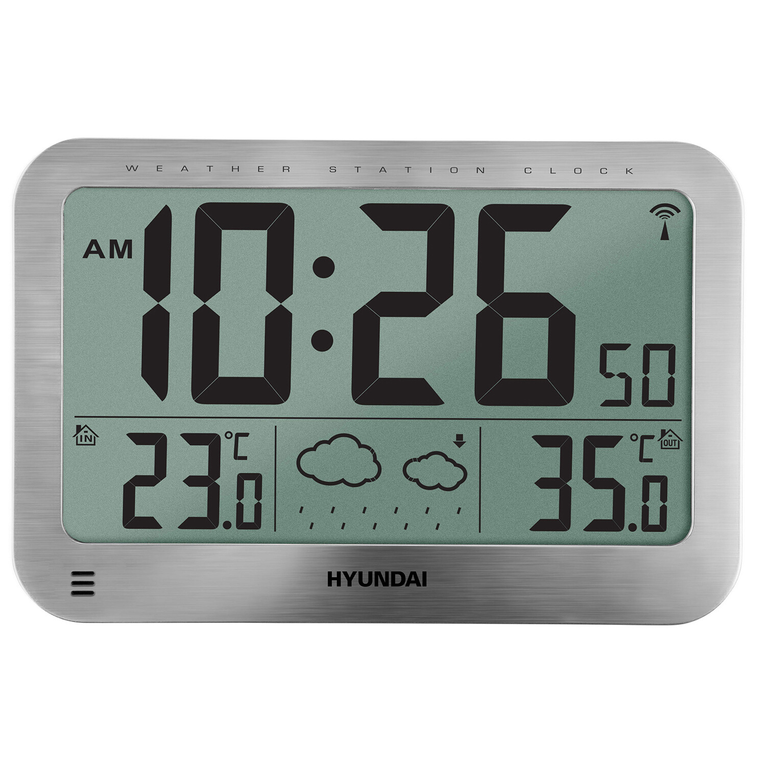 Digitale Wetterstation zeigt Uhrzeit, Innen- und Außentemperaturen und Wettervorhersage.