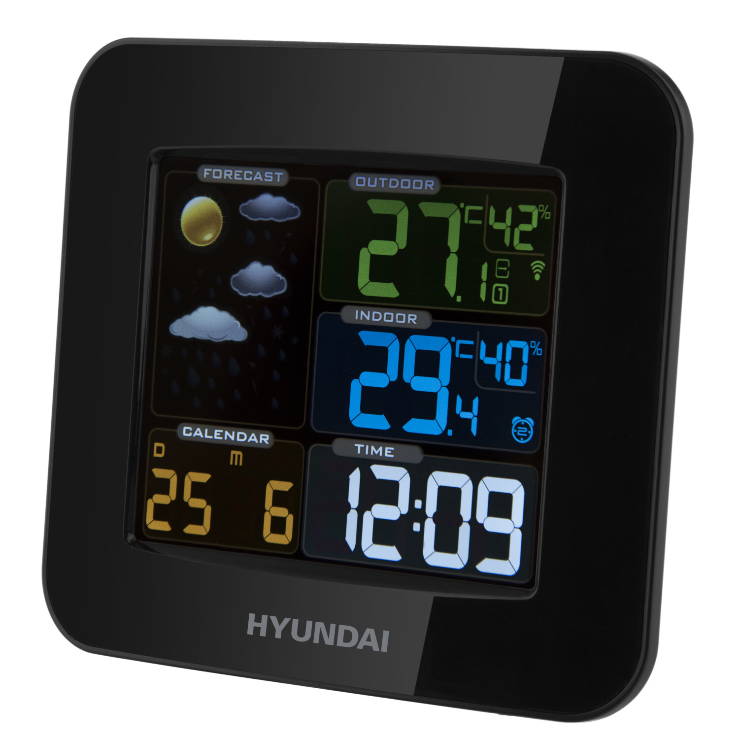 Schwarze Hyundai Wetterstation, zeigt Wetterinformationen und die Uhrzeit an. Weißer Hintergrund.