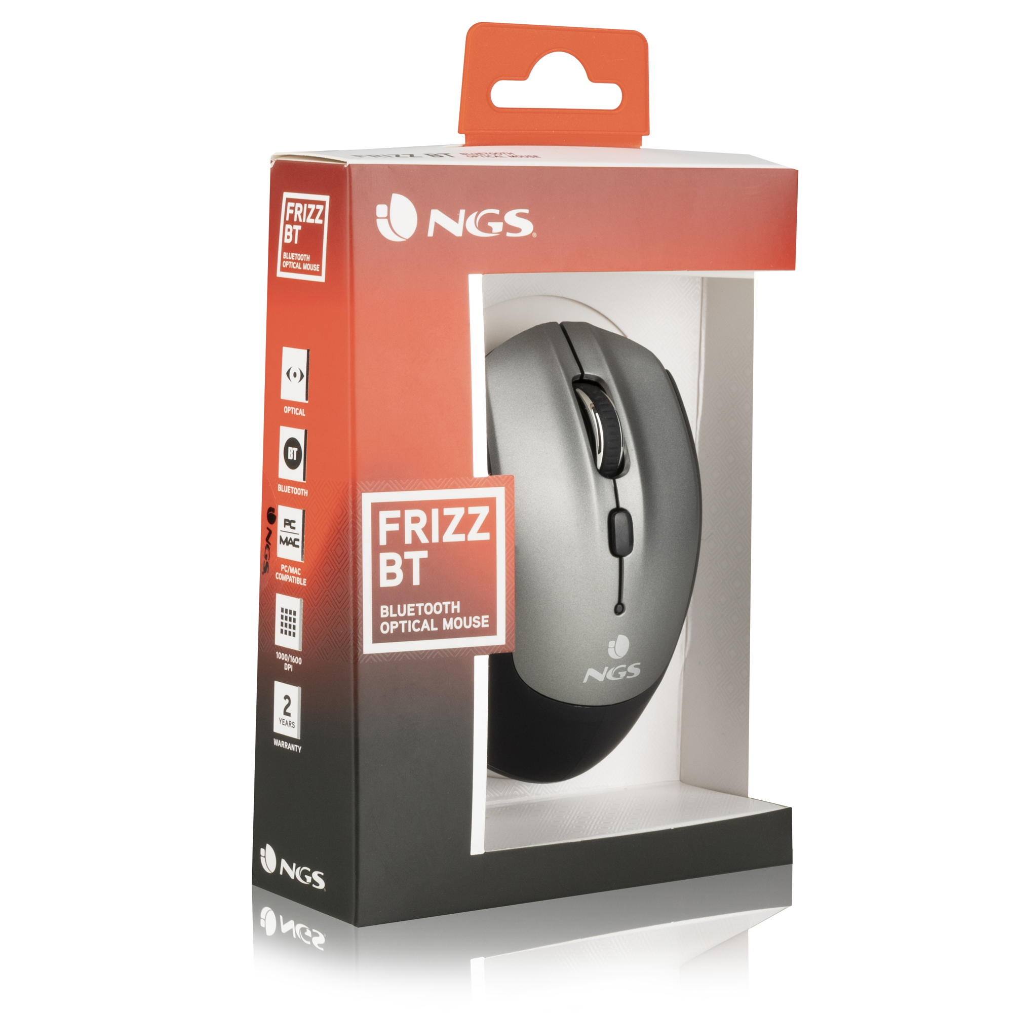 Graue und schwarze NGS Frizz BT Maus in einer weißen und roten Box. Die Maus hat ein Scrollrad.