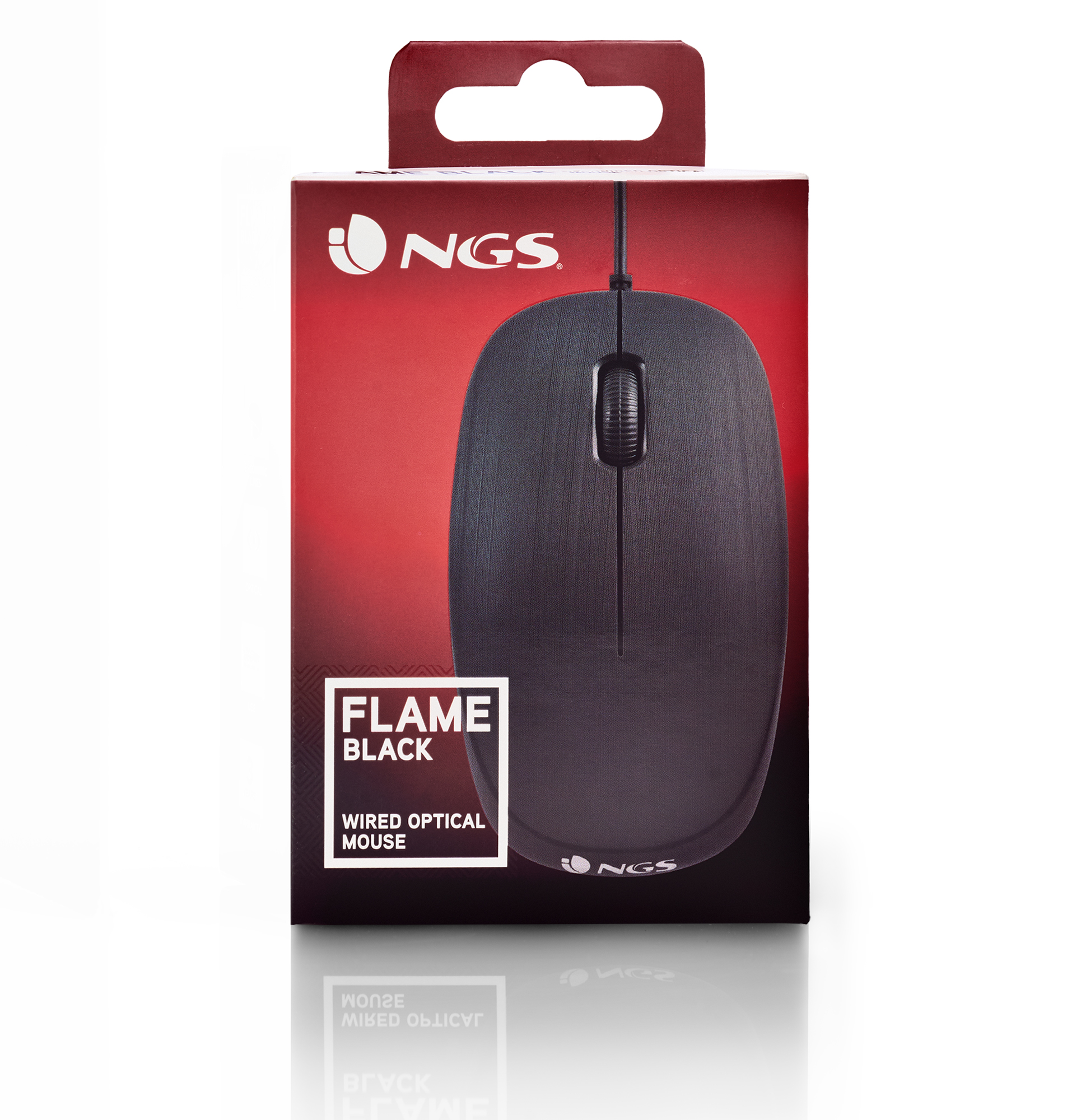 Schwarze NGS Flame Maus in ihrer Box auf weißem Hintergrund.