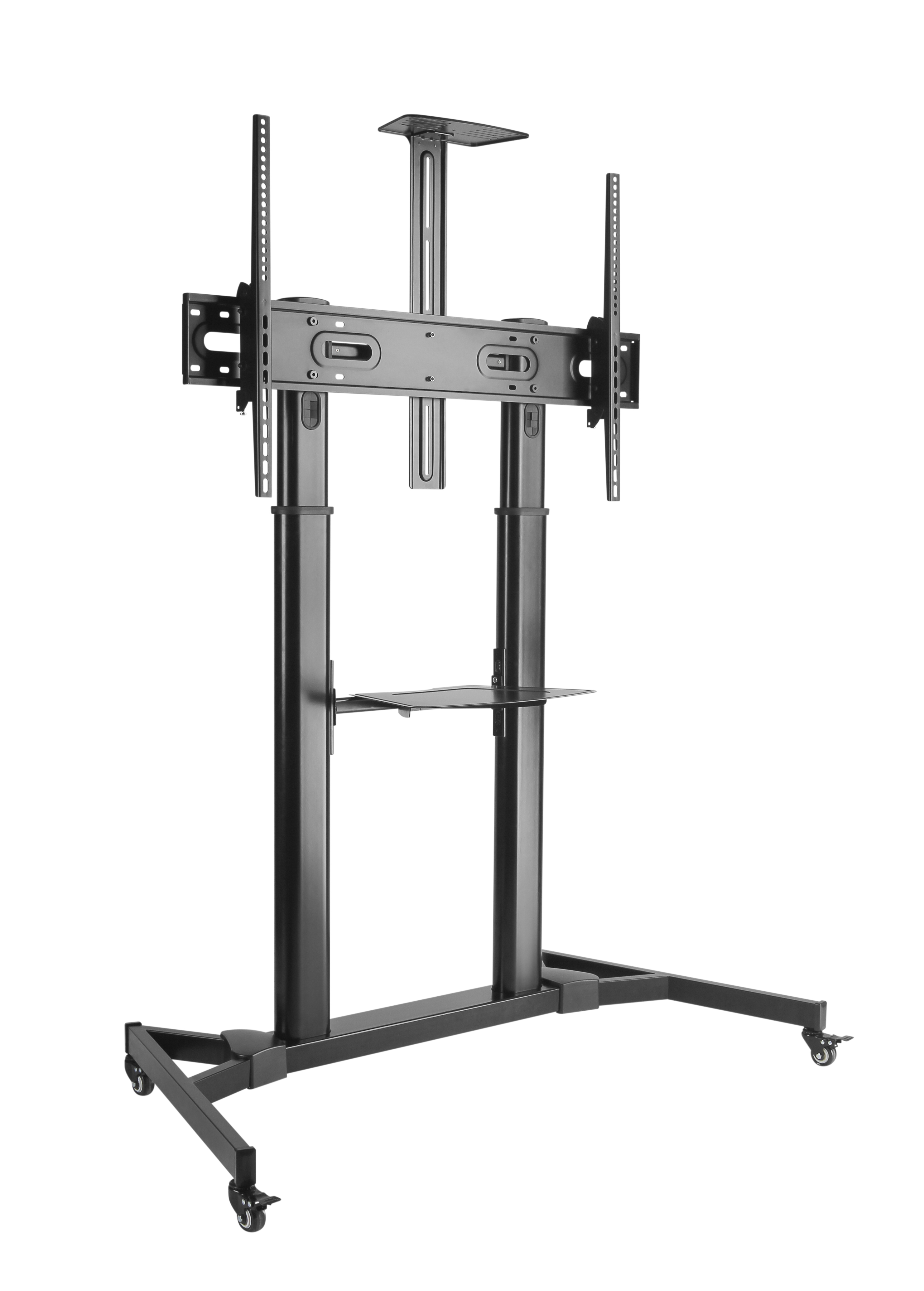 Soporte TV negro con ruedas. Dos soportes verticales, estante y base. Fondo blanco.