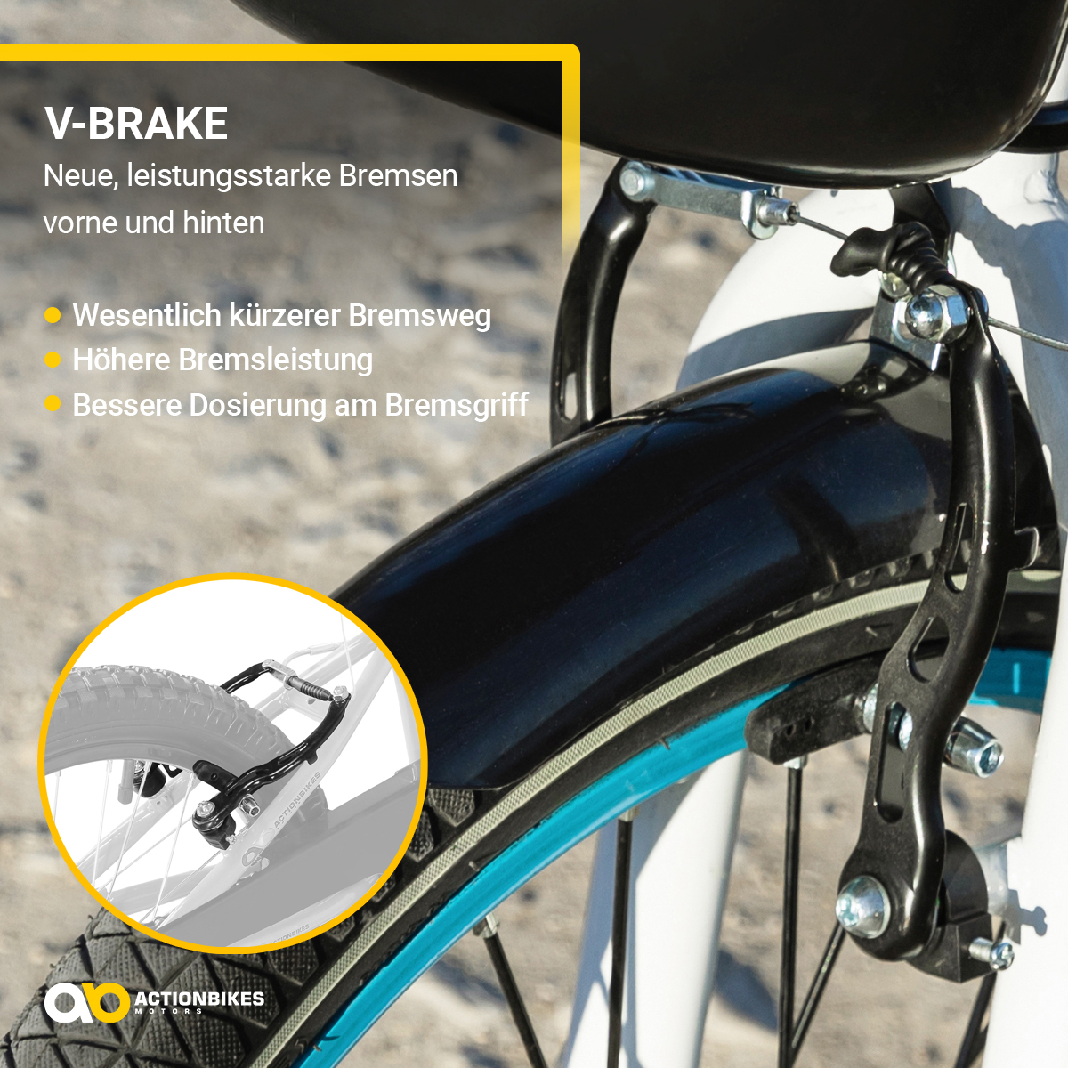 Ein Detail der Fahrrad-Vorderradbremse mit deutschem Text über die V-Bremse.