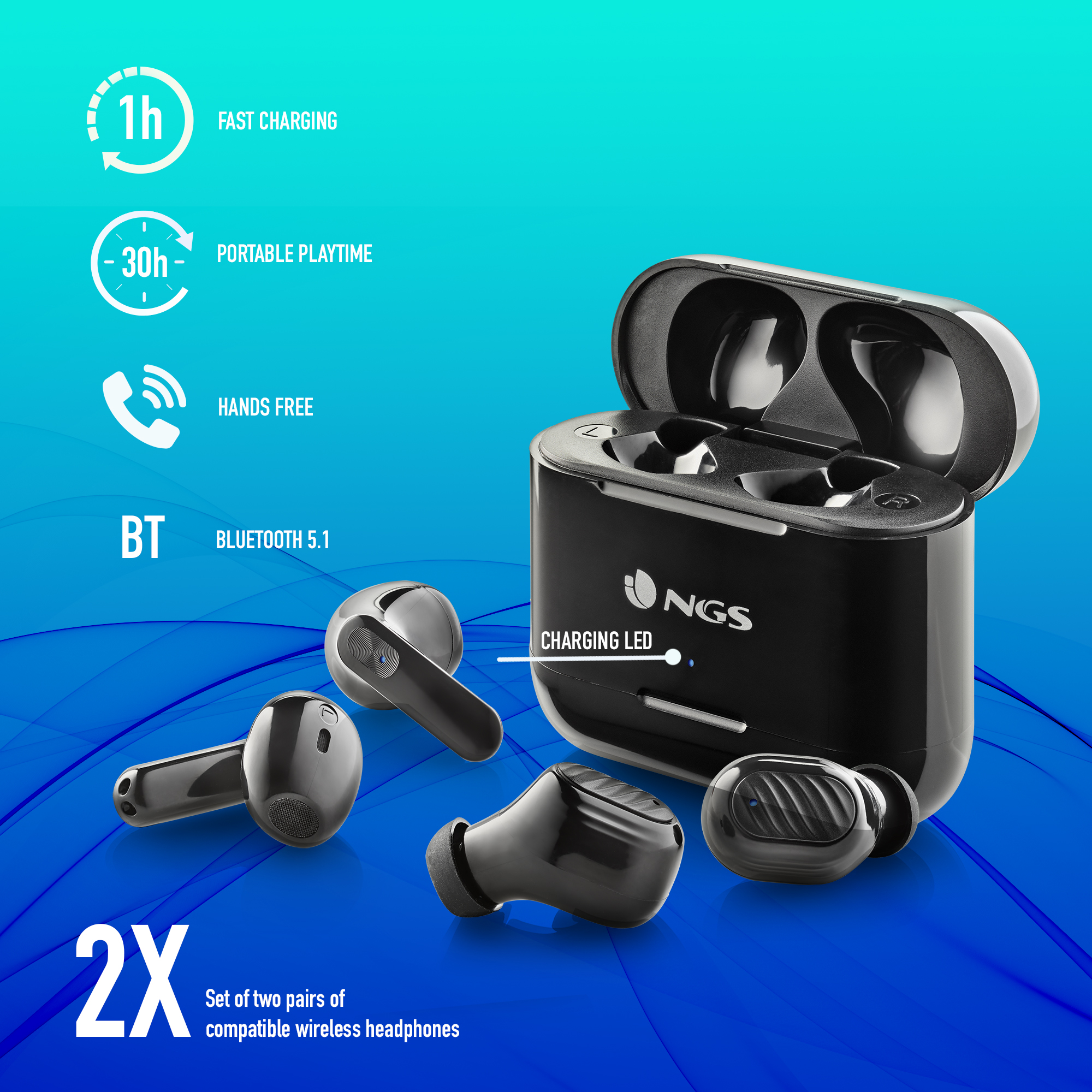 Auriculares inalámbricos negros en un estuche de carga, con iconos y texto relacionados.